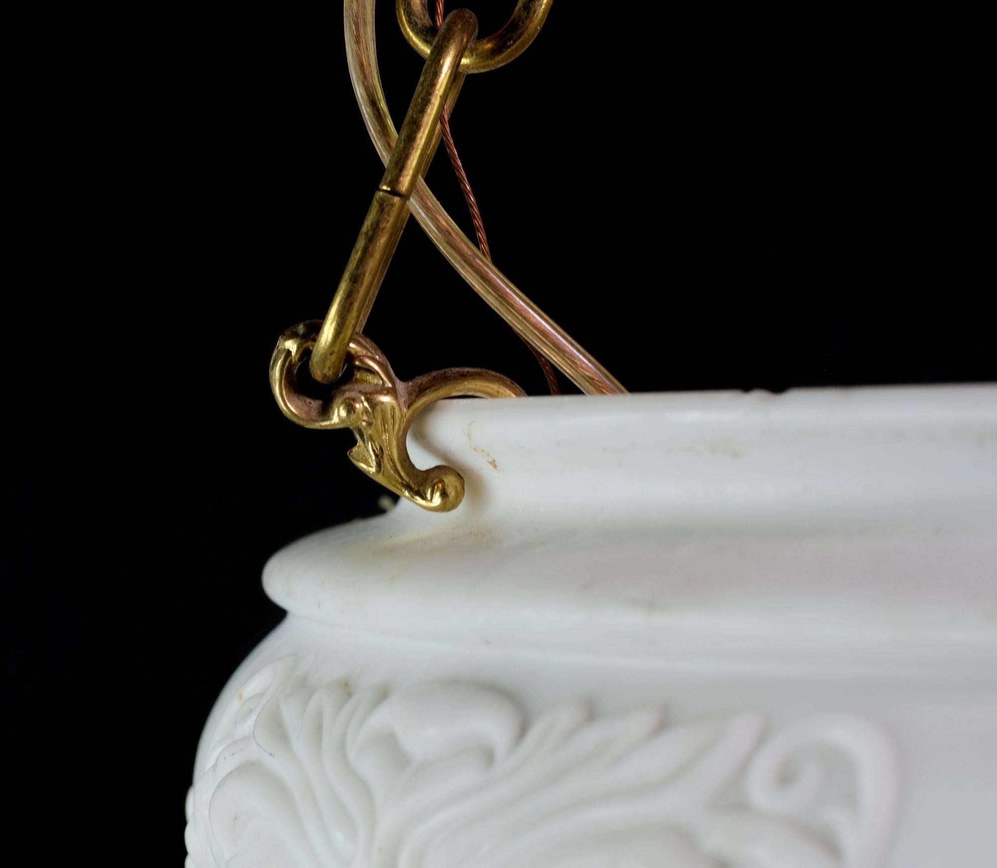 American Antique Fluted Milk Glass Pendant Dish Light w/ Floral Details and Brass Fitter