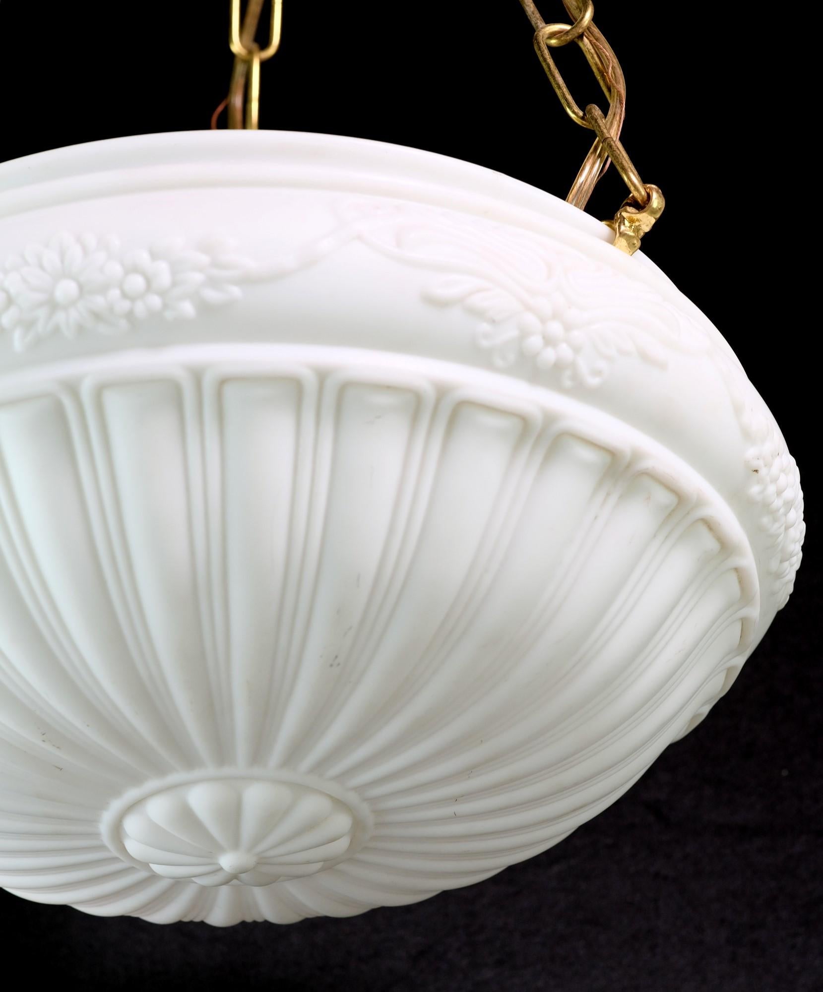 20th Century Antique Fluted Milk Glass Pendant Dish Light w/ Floral Details and Brass Fitter
