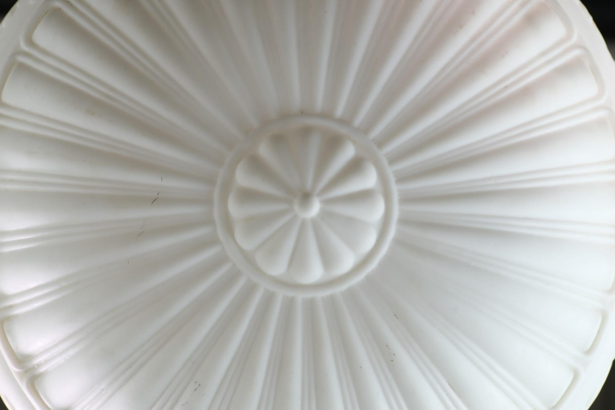 Antique Fluted Milk Glass Pendant Dish Light w/ Floral Details and Brass Fitter 1