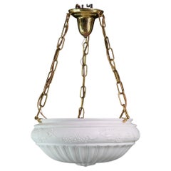 Antique Fluted Milk Glass Pendant Dish Light w/ Floral Details and Brass Fitter
