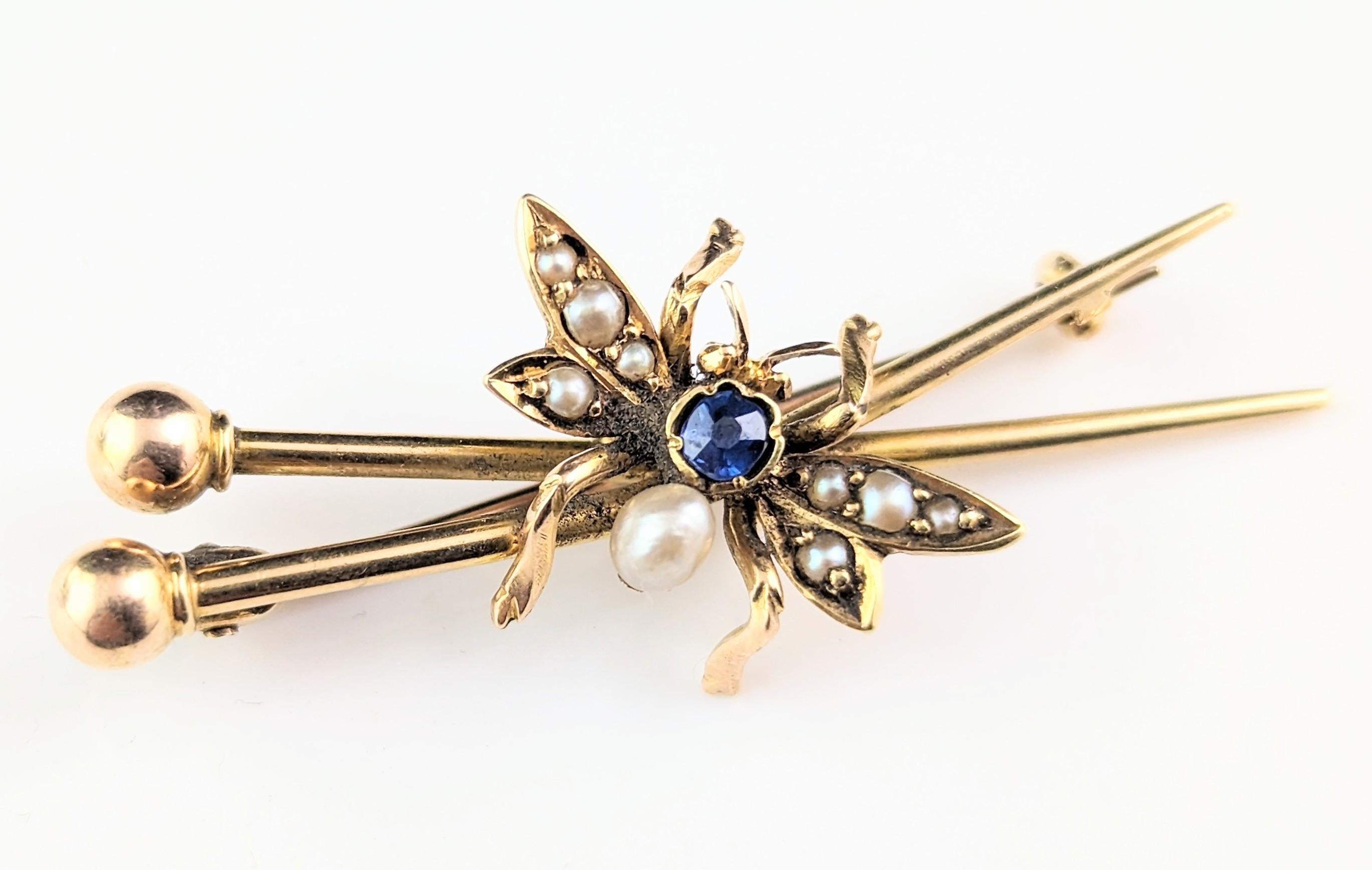 Antique fly brooch, crossed needles, 15k gold, Sapphire and pearl  For Sale 5