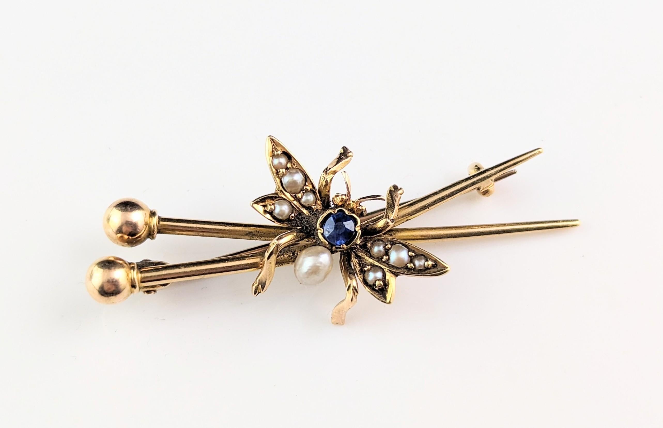 Antique fly brooch, crossed needles, 15k gold, Sapphire and pearl  For Sale 6