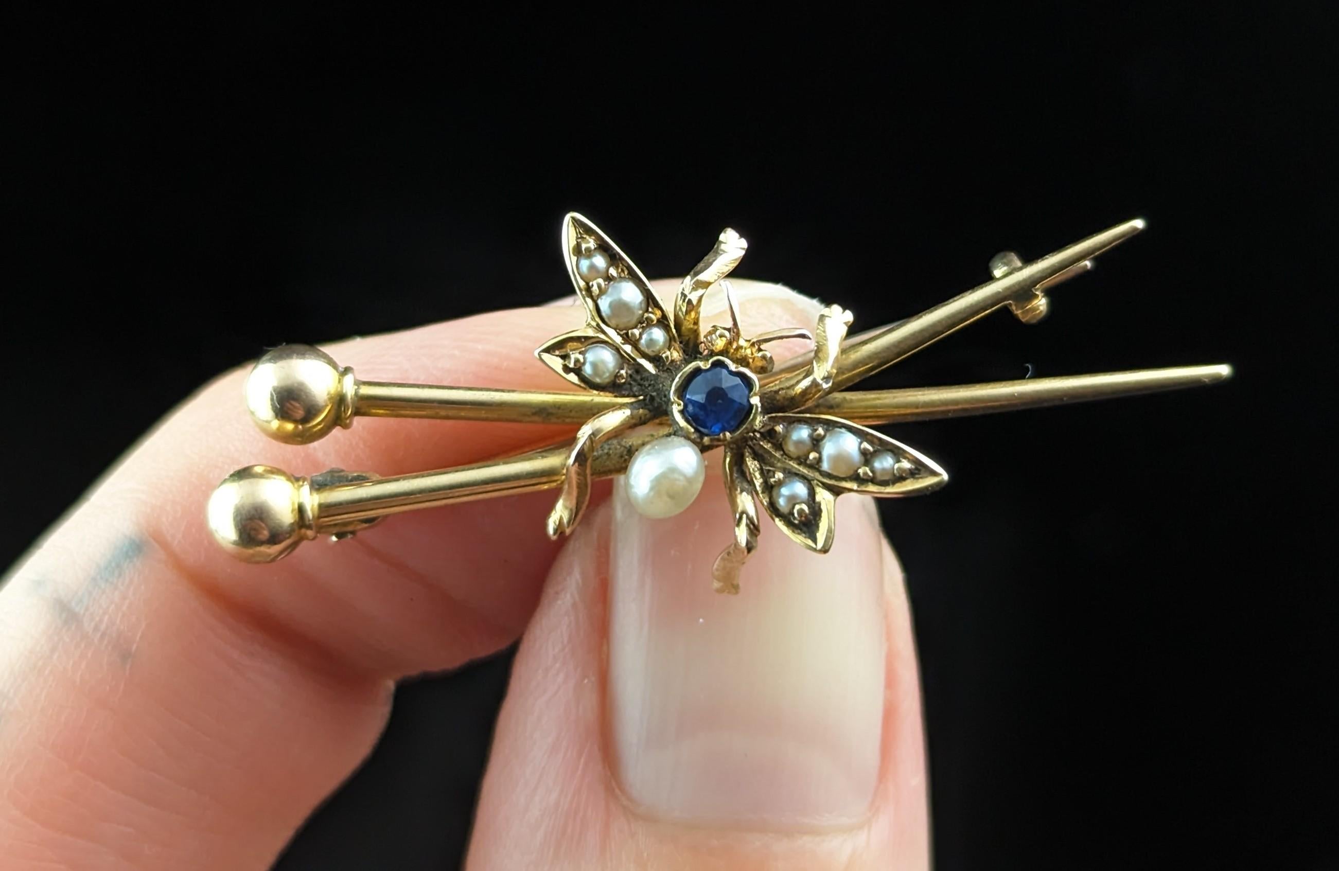 An alluring and unusual antique fly brooch!

This brooch features a fly sitting upon a pair of crossed knitting needles, the fly is adorned with creamy seed pearls and has a single round cut sapphire to the body.

An old wives tale says that it is