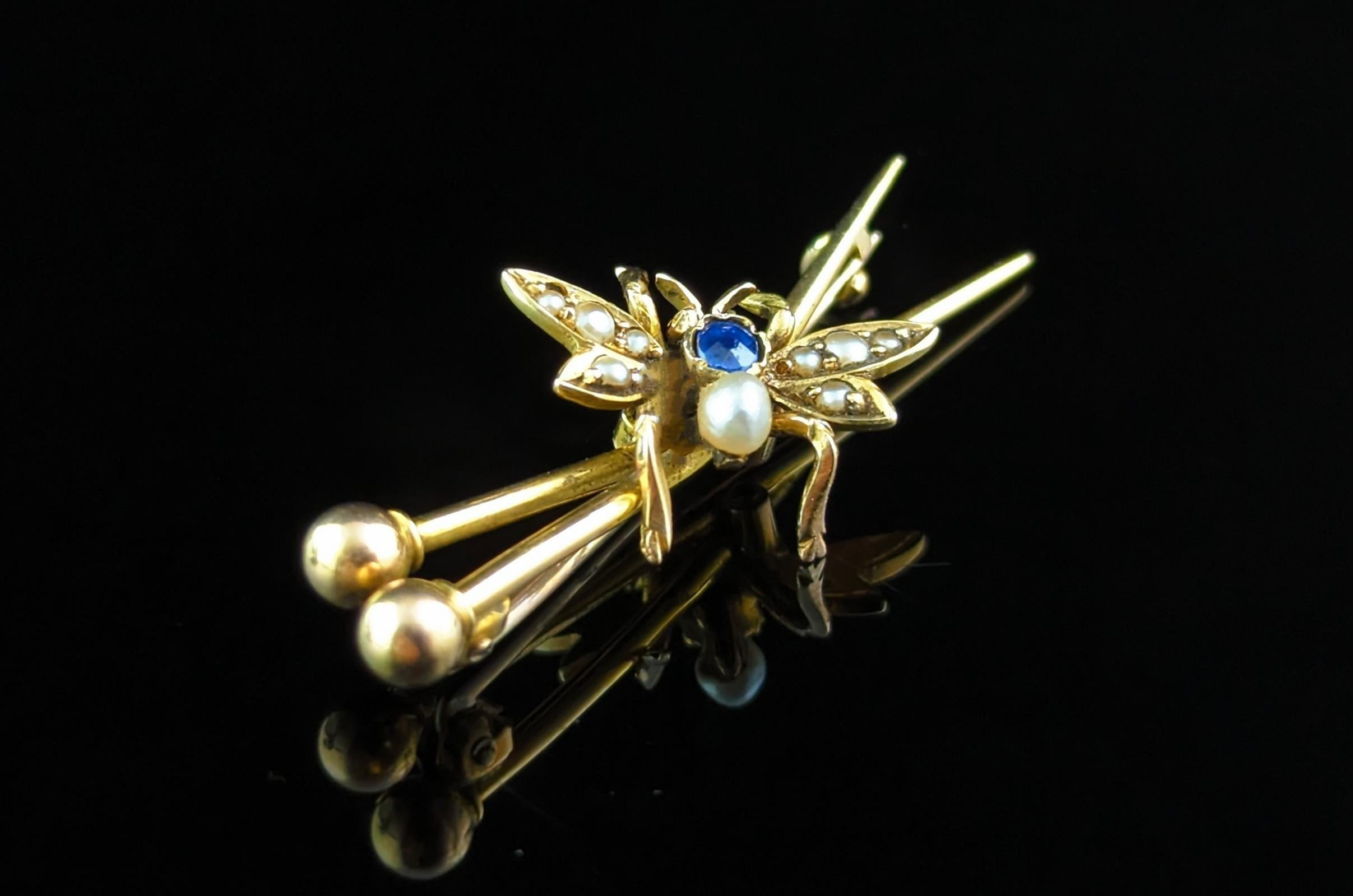 Antique fly brooch, crossed needles, 15k gold, Sapphire and pearl  In Good Condition For Sale In NEWARK, GB