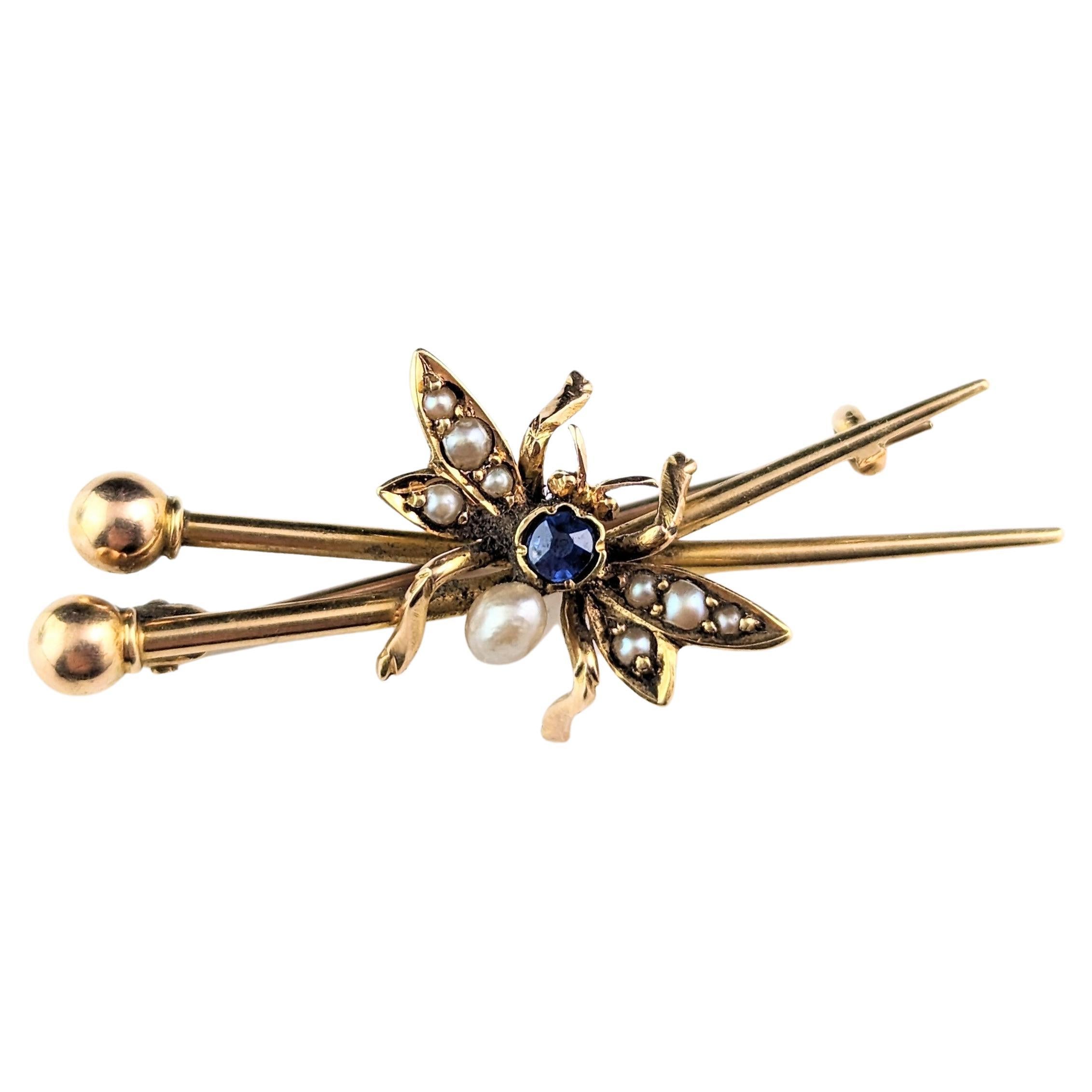 Antique fly brooch, crossed needles, 15k gold, Sapphire and pearl  For Sale