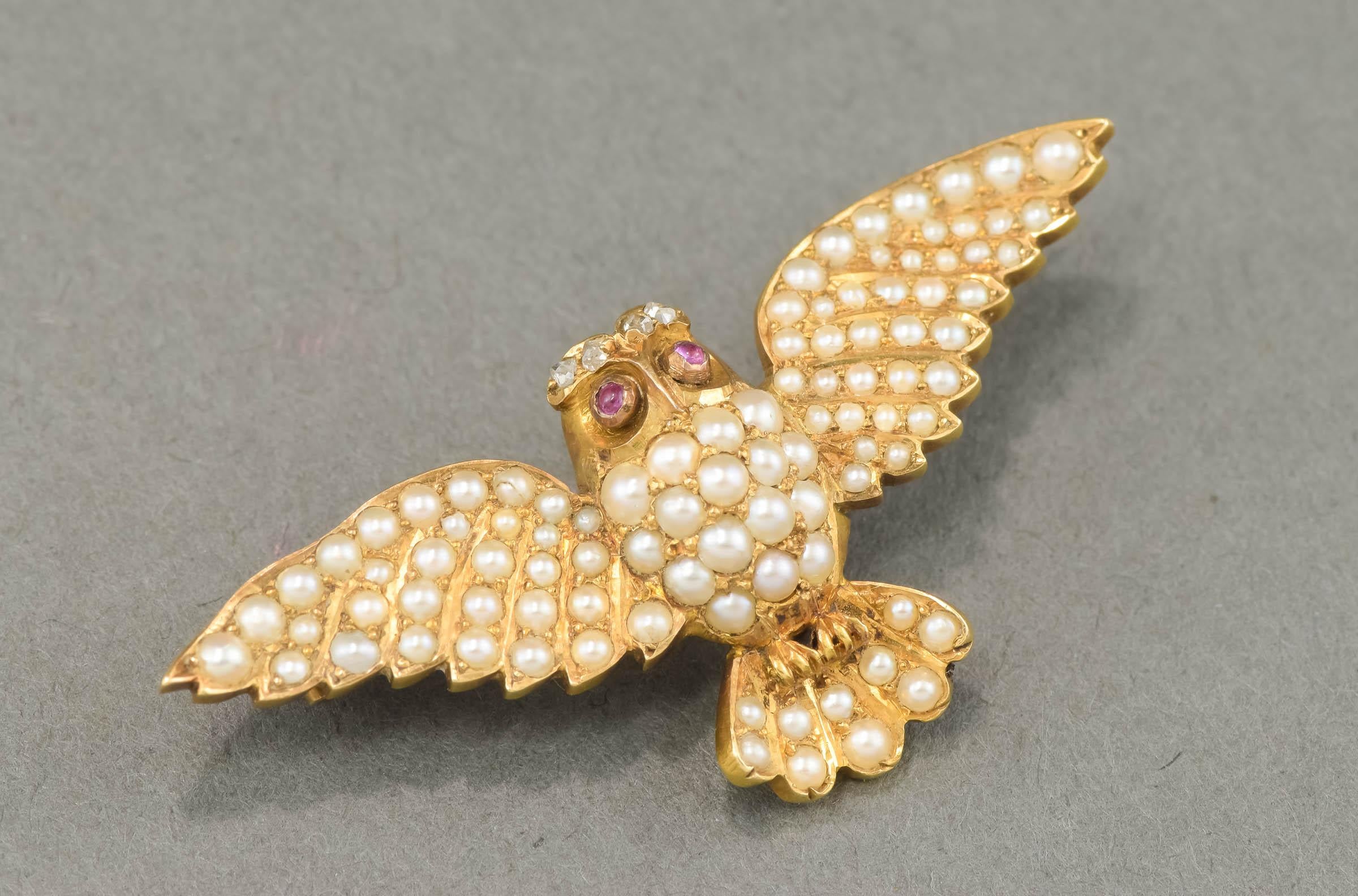 Antique Flying Owl Brooch Pin with Diamond & Pearls 6