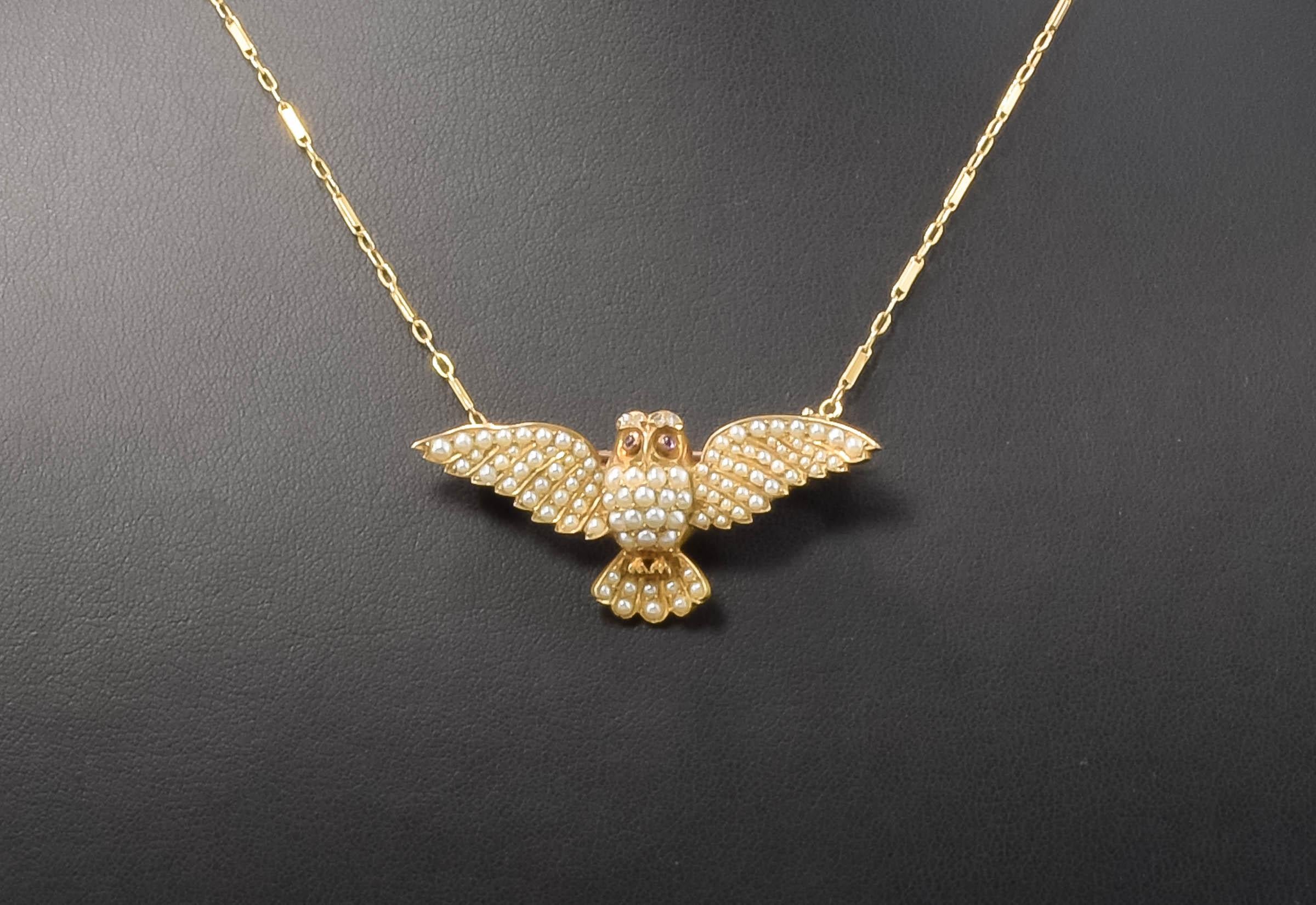 Antique Flying Owl Brooch Pin with Diamond & Pearls In Good Condition For Sale In Danvers, MA