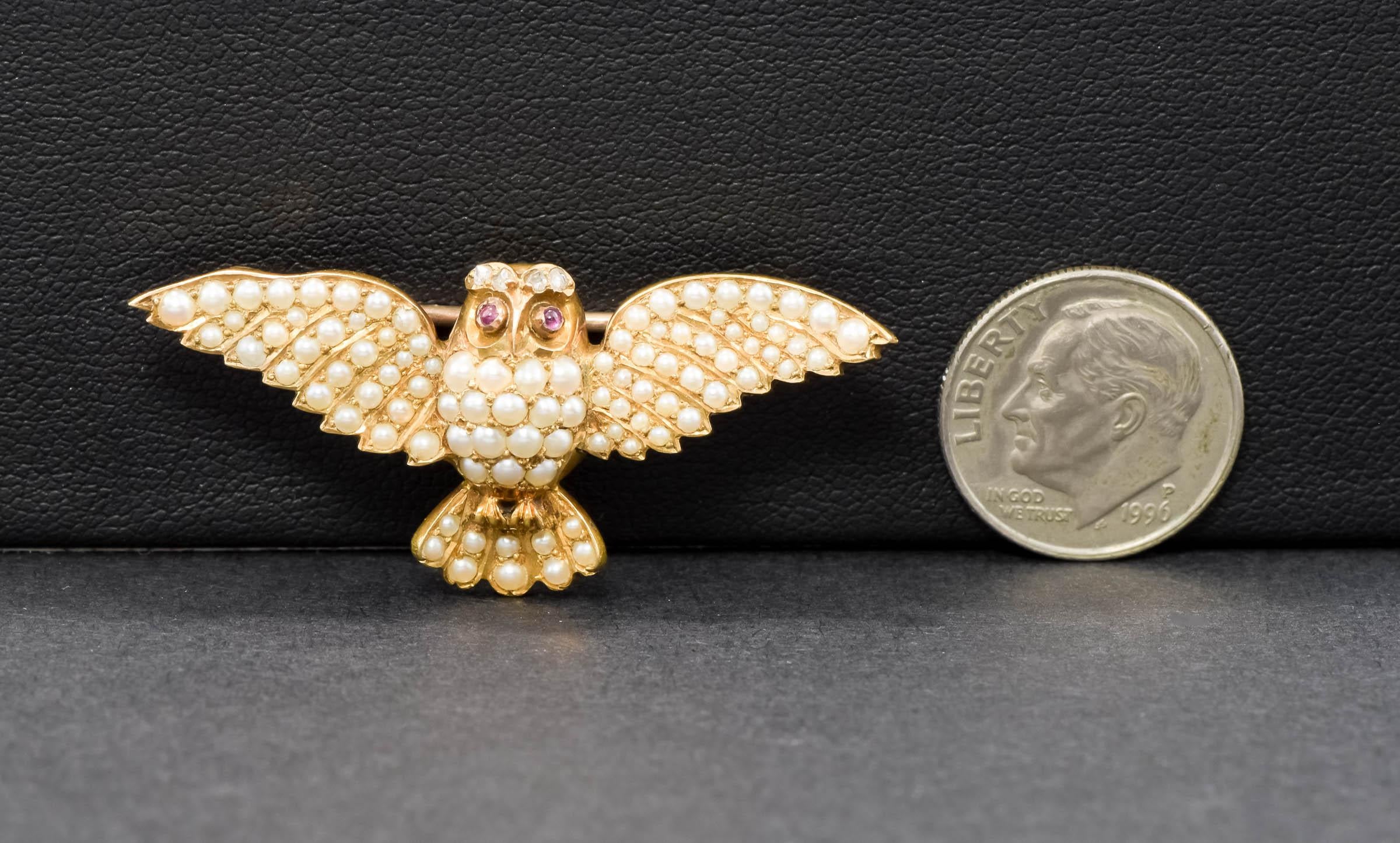 Rose Cut Antique Flying Owl Brooch Pin with Diamond & Pearls