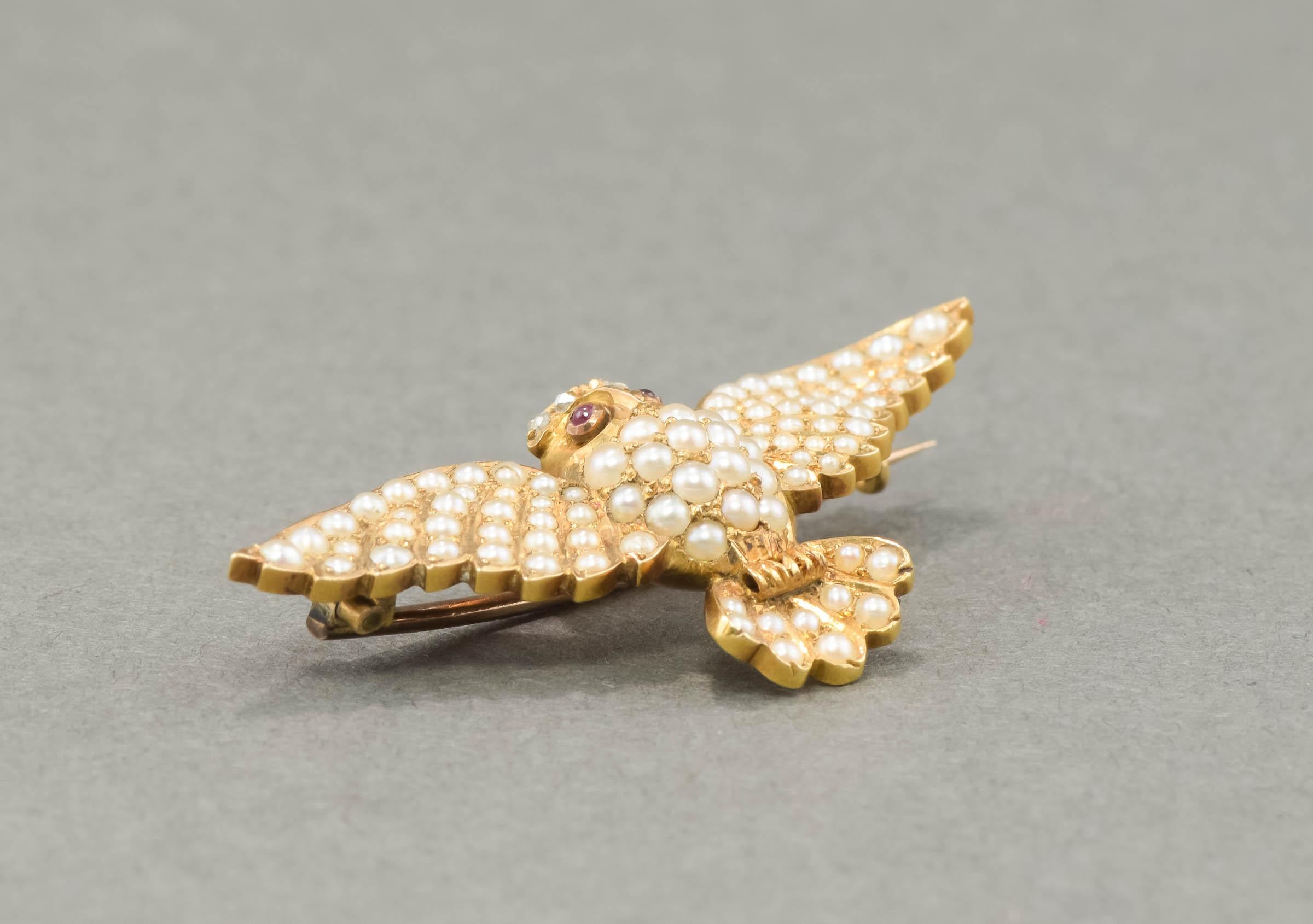 Antique Flying Owl Brooch Pin with Diamond & Pearls 2