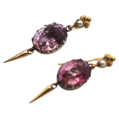 Antique Foiled Amethyst Natural Pearl Drop Earrings, 1890