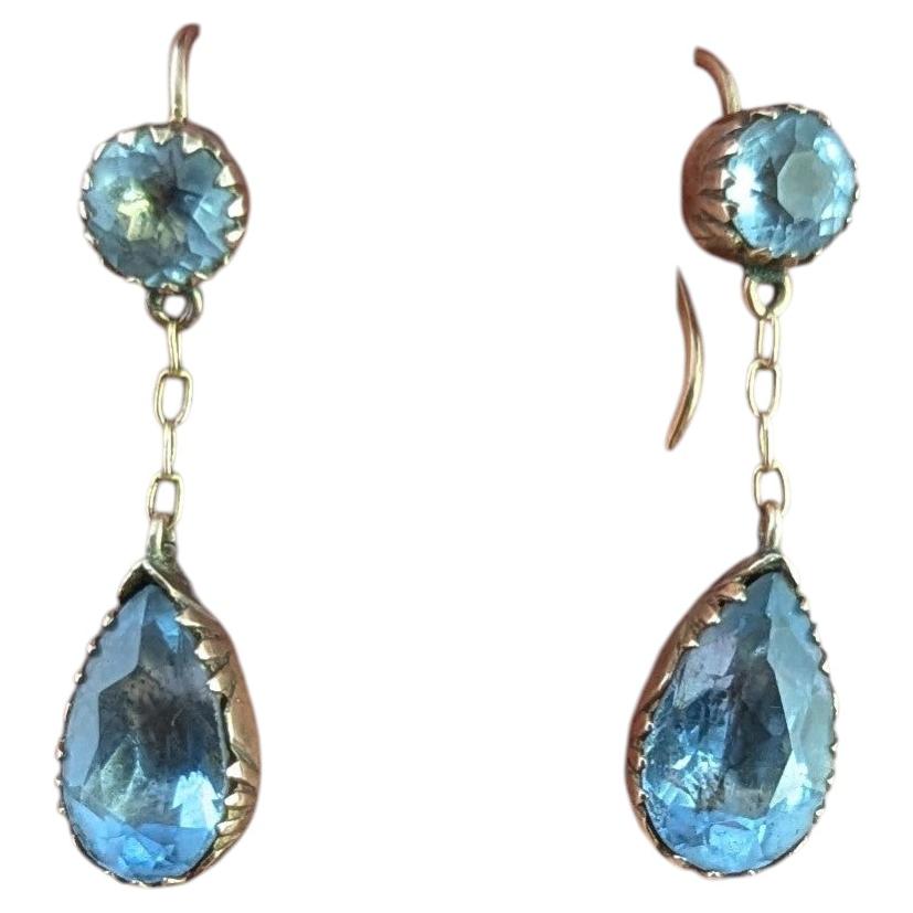 Antique Foiled blue paste drop earrings, Victorian, 9k gold