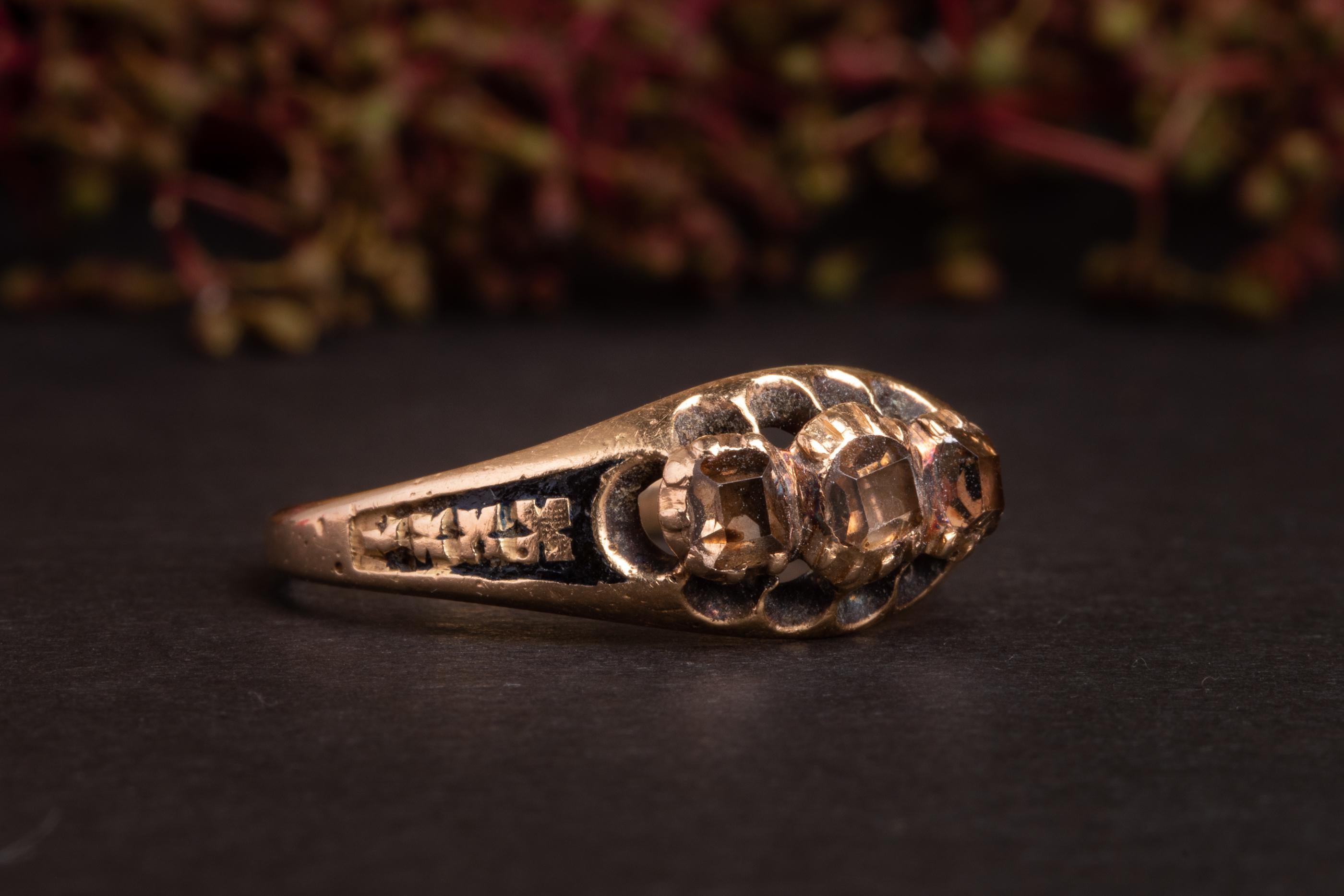 Tudor Antique Foiled Table Cut Diamond Ring with Black Enamel