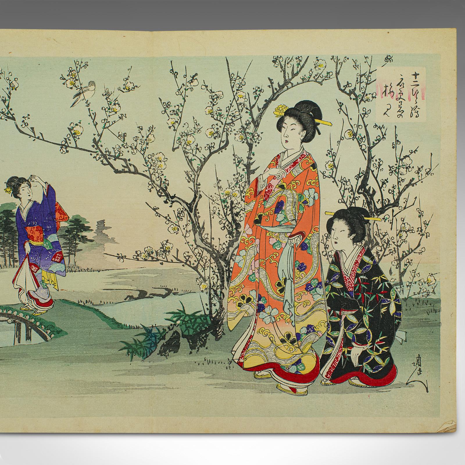 Antique Fold-Out Illustrated Book, Japanese, Woodblock Print, Linen, Meiji, 1900 For Sale 6