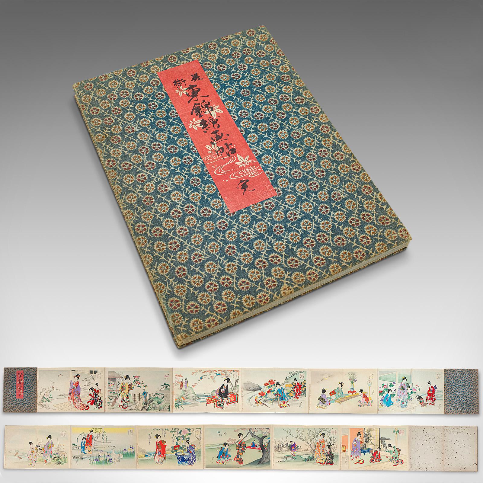 This is an antique fold-out illustrated book. A Japanese, woodblock print on linen concertina collection of full-colour scenes, dating to the Meiji period, circa 1900.

Striking when fully extended, with an abundance of fine detail to both
