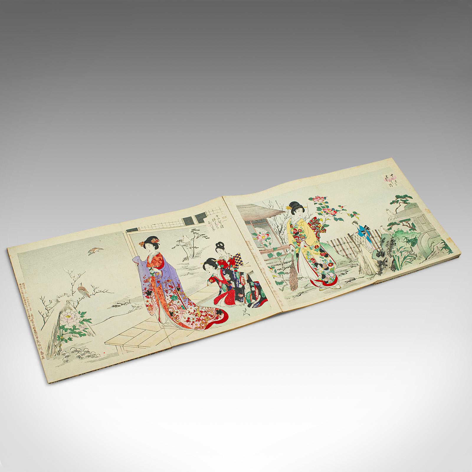 Antikes illustriertes Buch mit klappbarem Ausschnitt, Japanisch, Holzschnitt, Leinen, Meiji, 1900 (Meiji-Periode) im Angebot