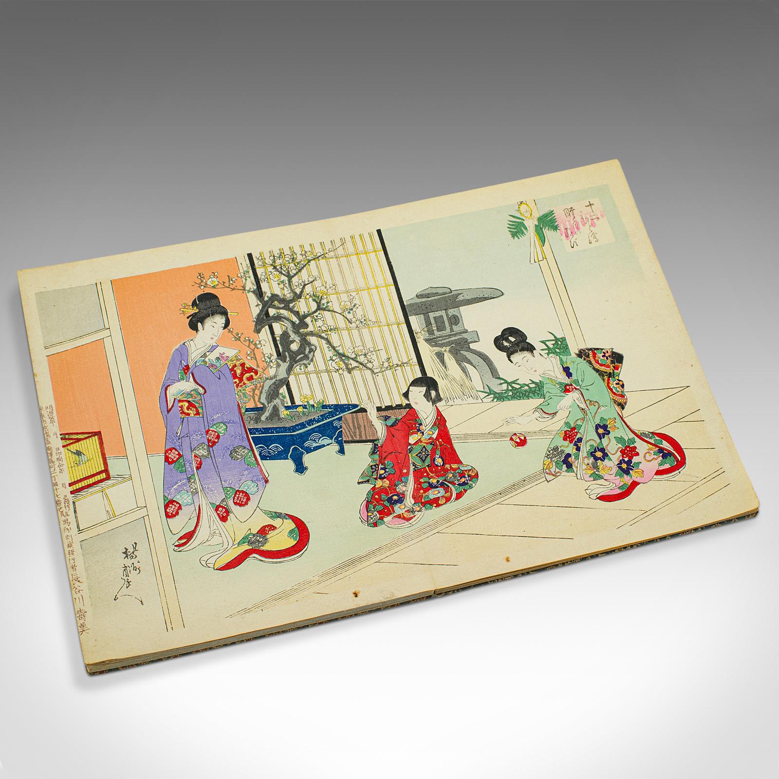 19th Century Antique Fold-Out Illustrated Book, Japanese, Woodblock Print, Linen, Meiji, 1900 For Sale