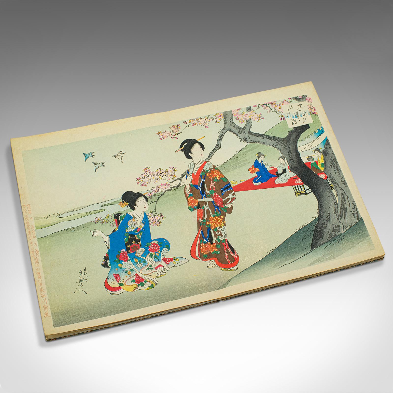 Antikes illustriertes Buch mit klappbarem Ausschnitt, Japanisch, Holzschnitt, Leinen, Meiji, 1900 (Papier) im Angebot