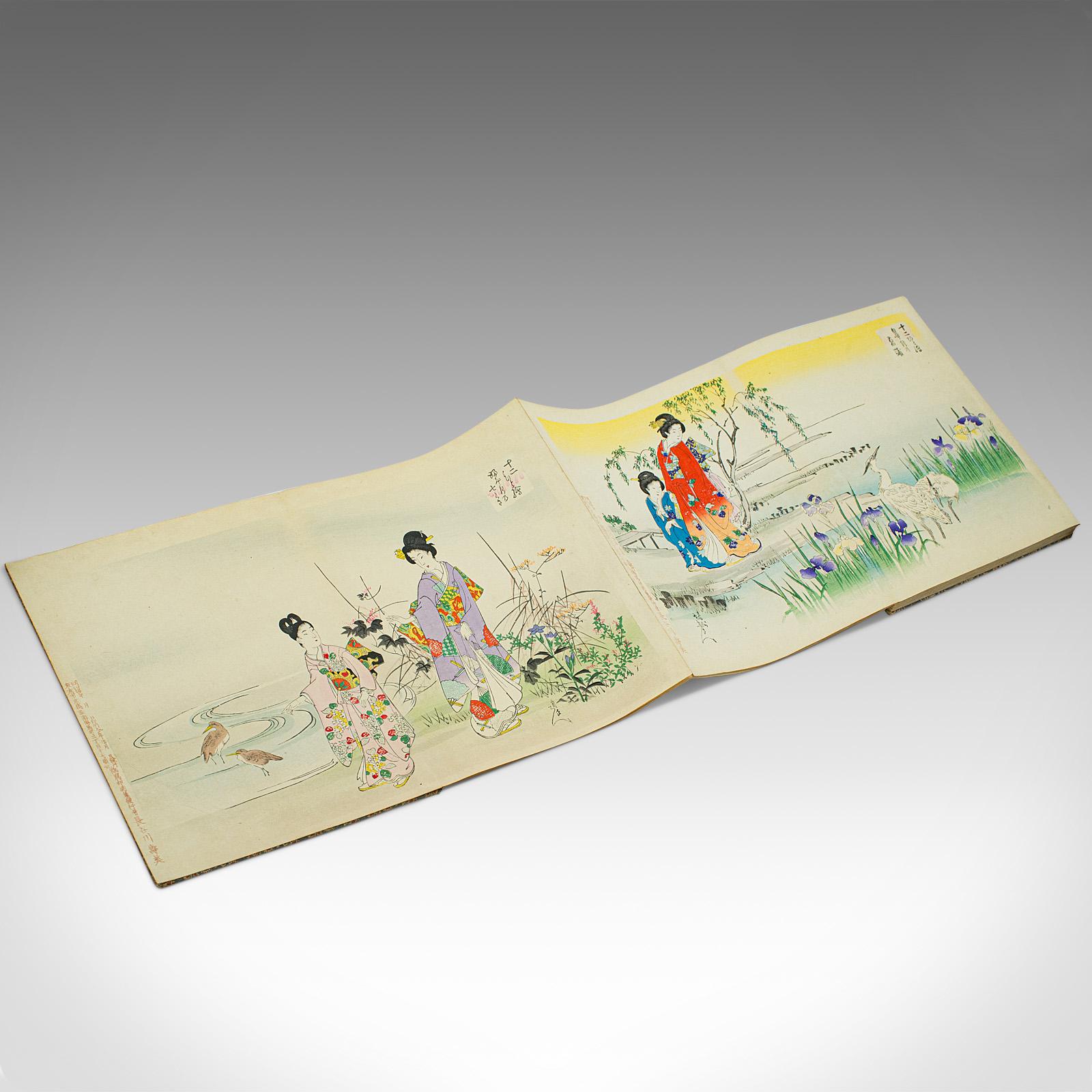 Antique Fold-Out Illustrated Book, Japanese, Woodblock Print, Linen, Meiji, 1900 For Sale 4