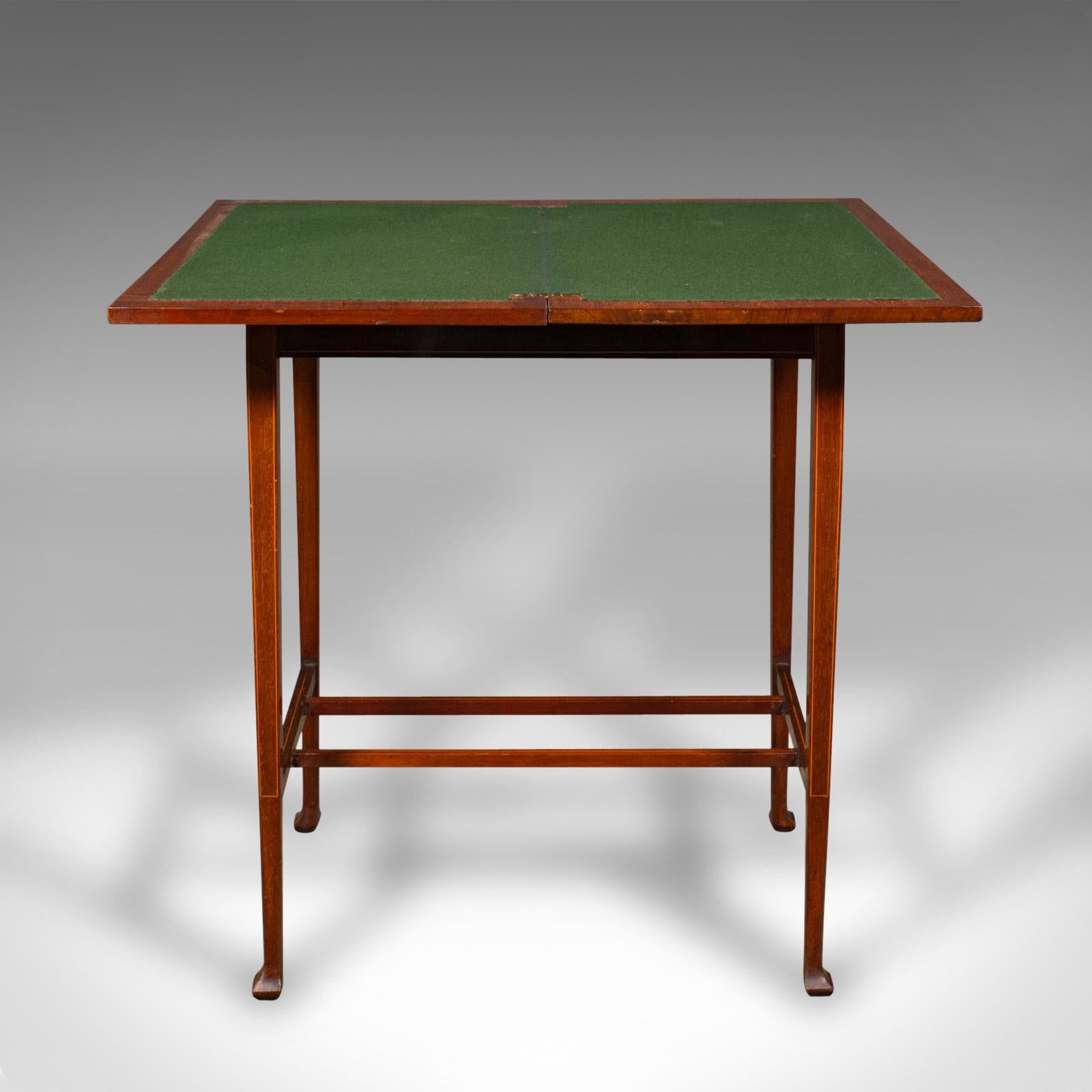 British Antique Fold Over Games Table, English, Flame, Walnut, Card, Side, Edwardian For Sale
