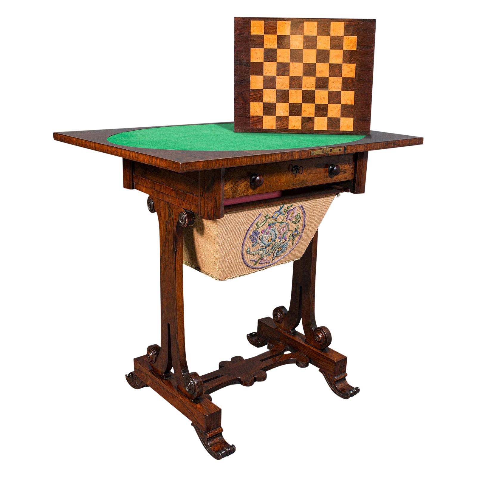 Antique Fold Over Games Table, English, Rosewood, Chess, Cards, Regency, C.1820 For Sale