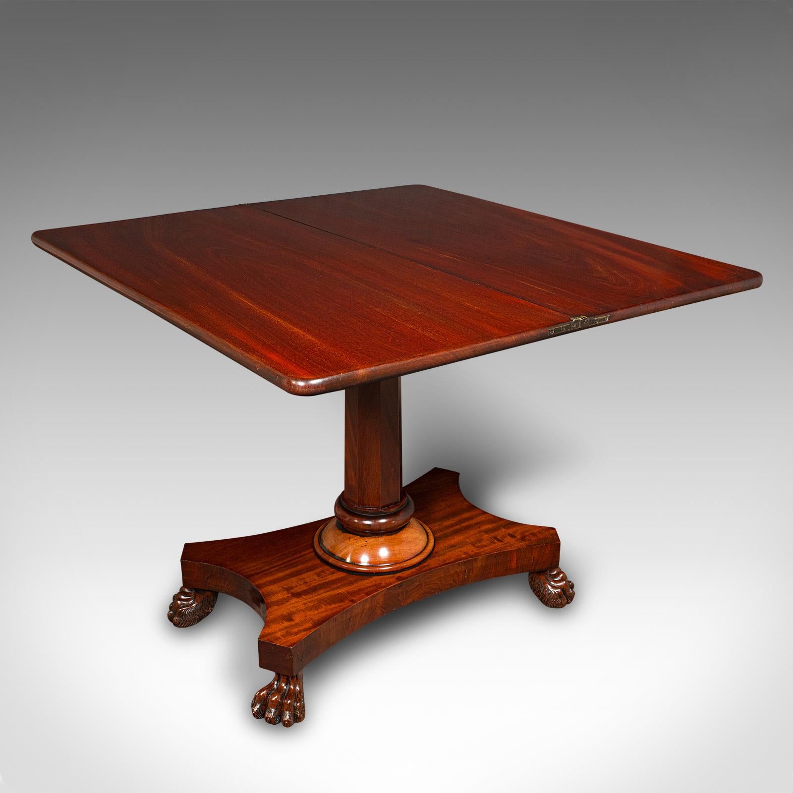 This is an antique fold over tea table. An English, mahogany occasional table, dating to the William IV period, circa 1835.

Beautifully presented table with a fine rotating and extending top
Displays a desirable aged patina and in very good
