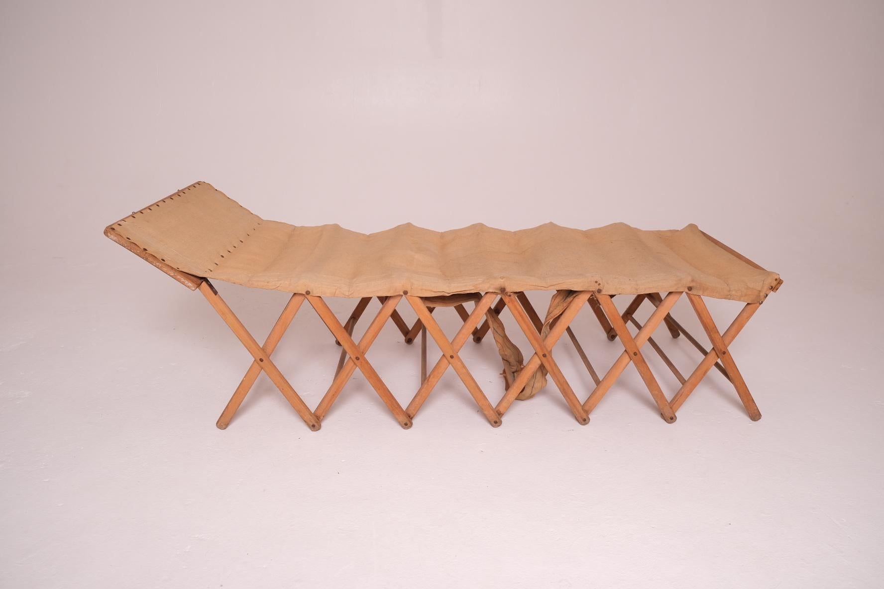 Antique Folding Campaign Bed and Convertible Side Table in Oak and Canvas For Sale 15