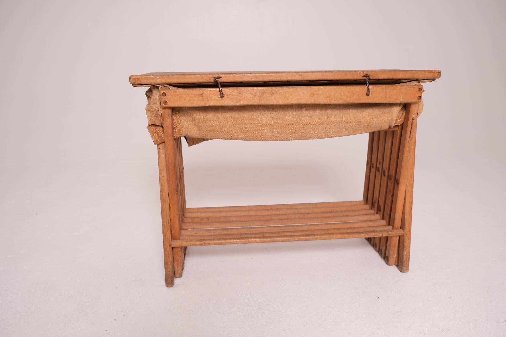 English Antique Folding Campaign Bed and Convertible Side Table in Oak and Canvas For Sale