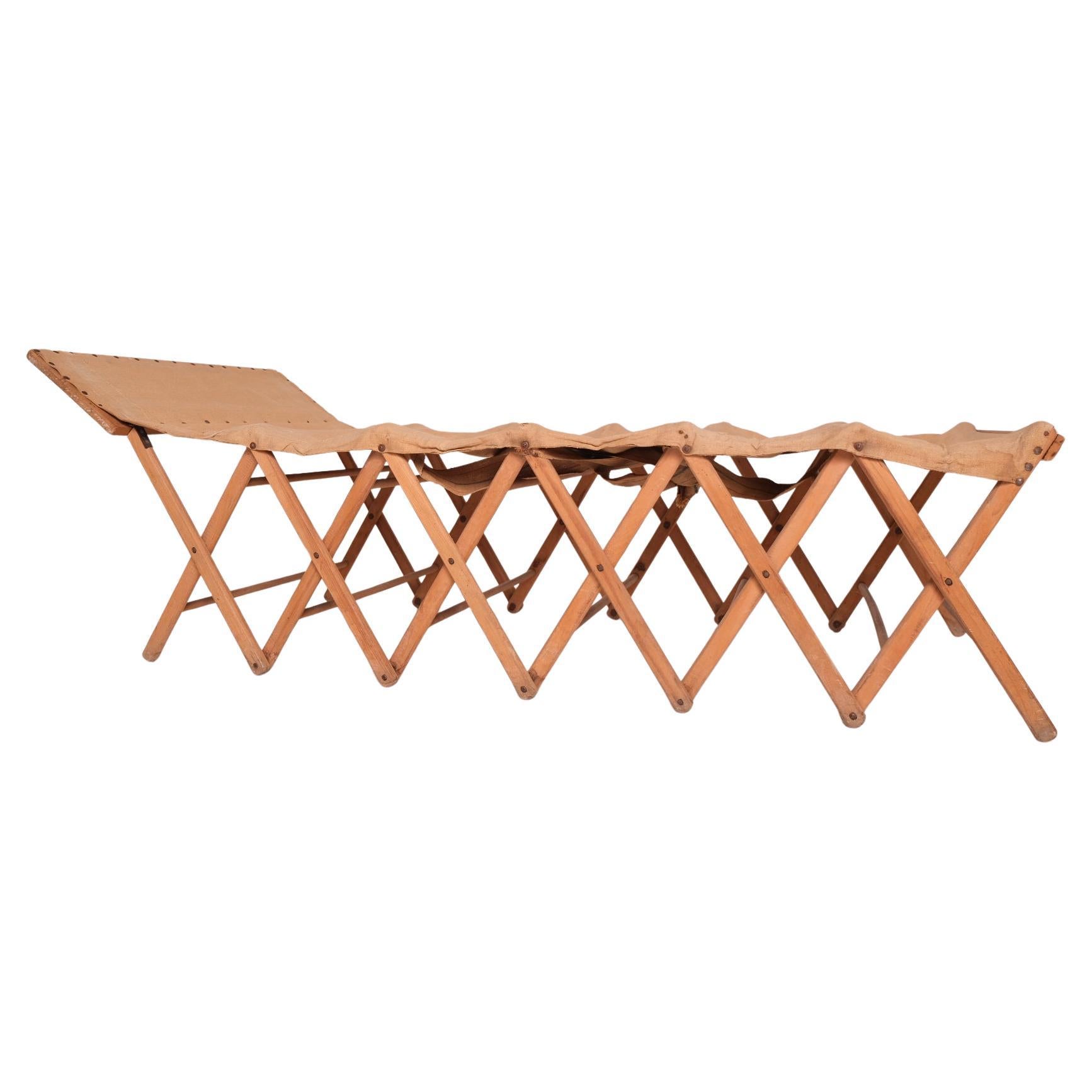 Antique Folding Campaign Bed and Convertible Side Table in Oak and Canvas For Sale