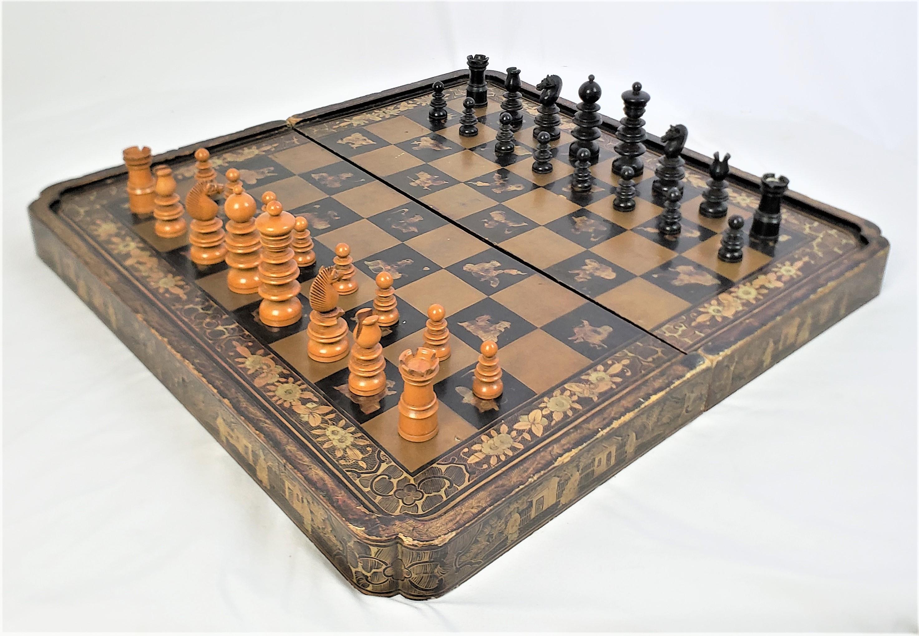 Softwood Antique Folding Chinoiserie Chess & Backgammon Board with Turned English Pieces