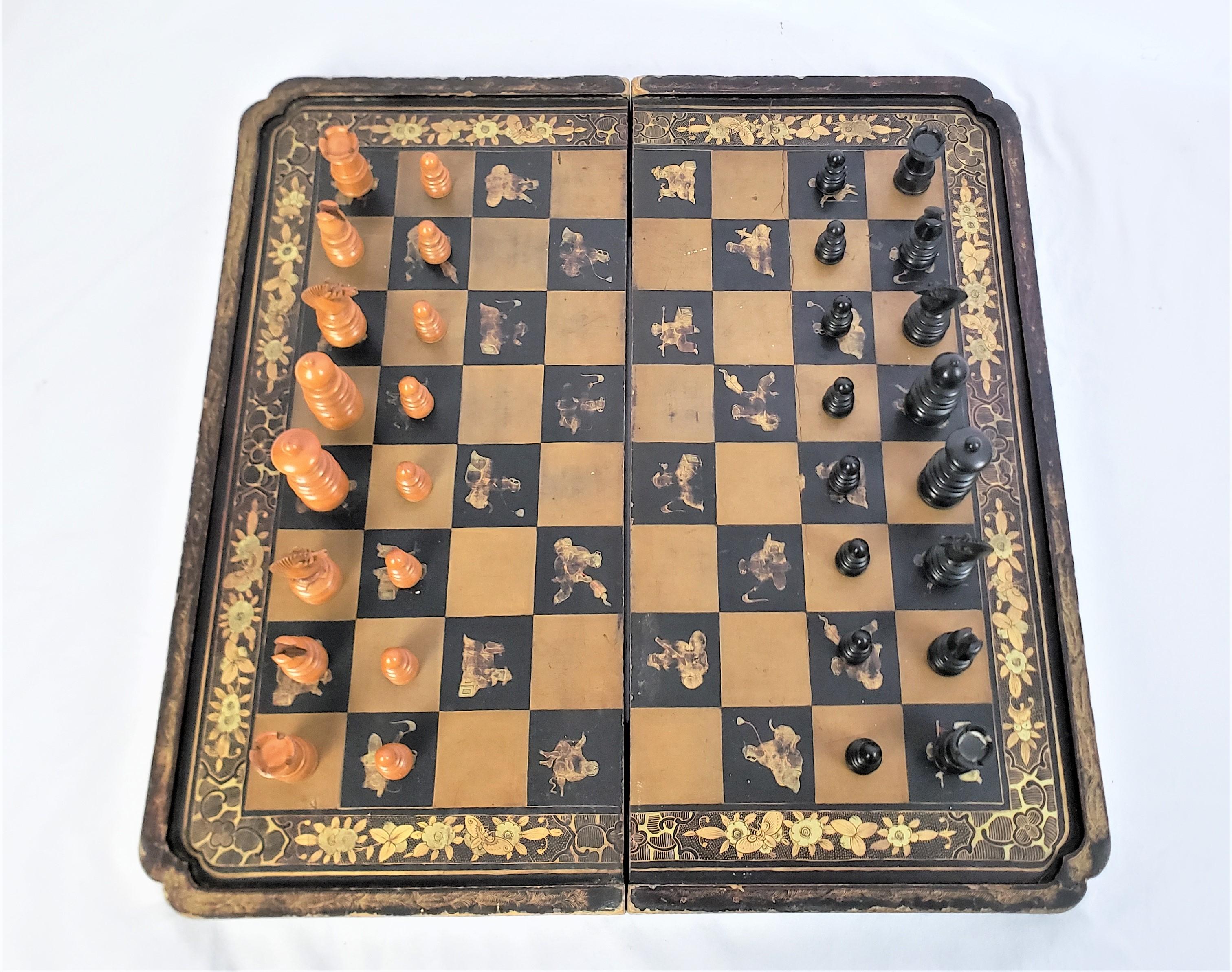 Antique Folding Chinoiserie Chess & Backgammon Board with Turned English Pieces 1