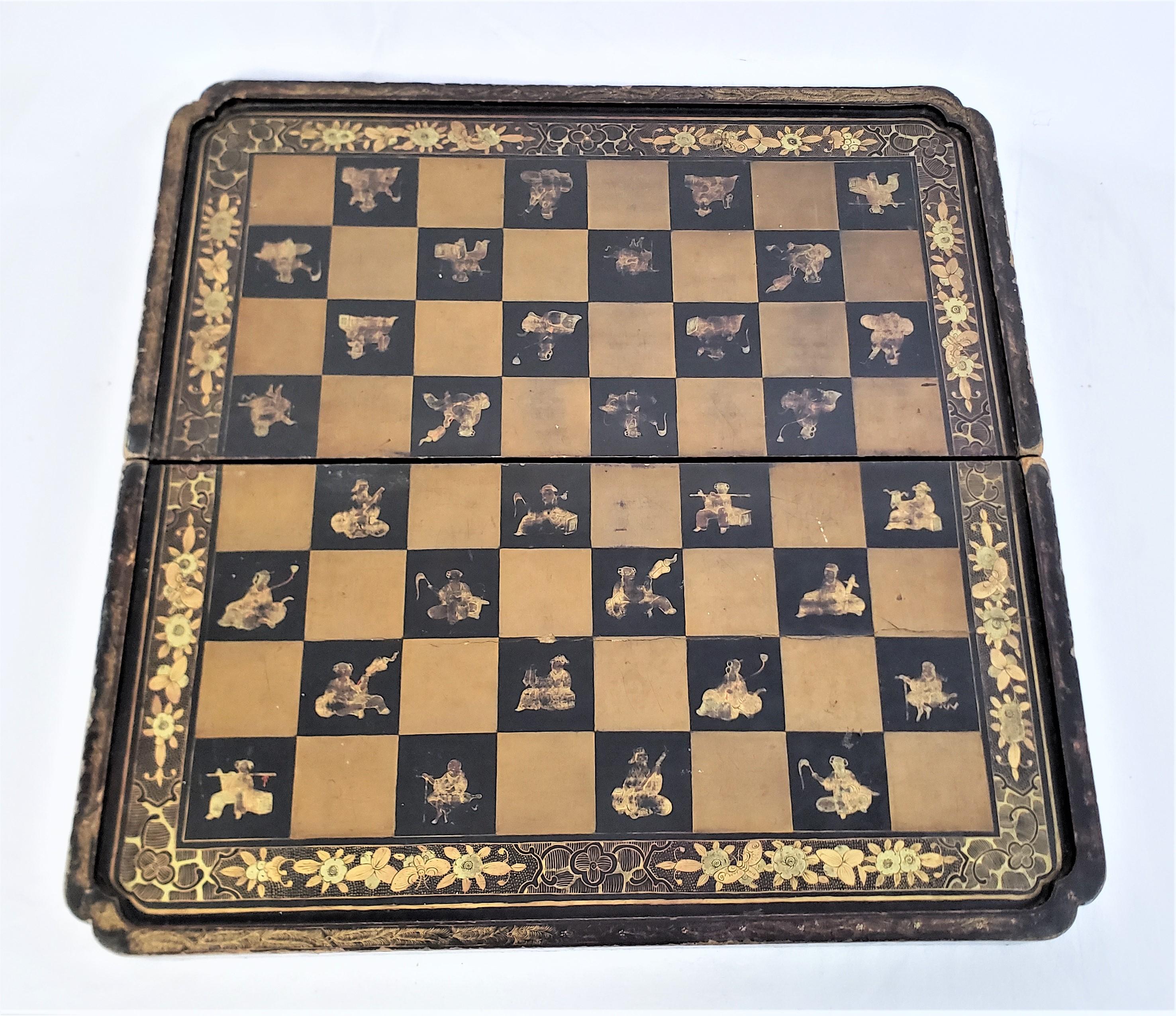 Antique Folding Chinoiserie Chess & Backgammon Board with Turned English Pieces 4