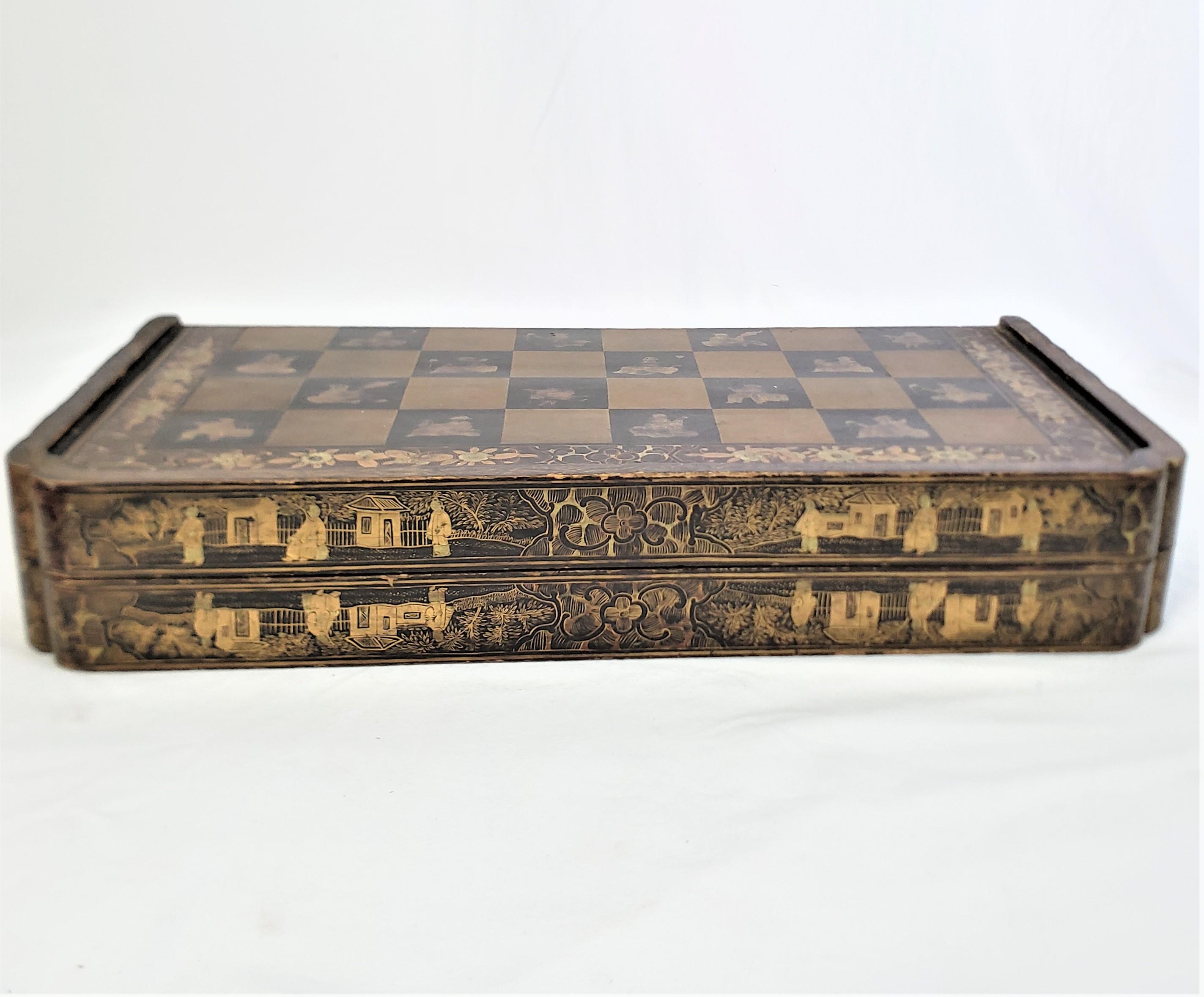 Antique Folding Chinoiserie Chess & Backgammon Board with Turned English Pieces 7