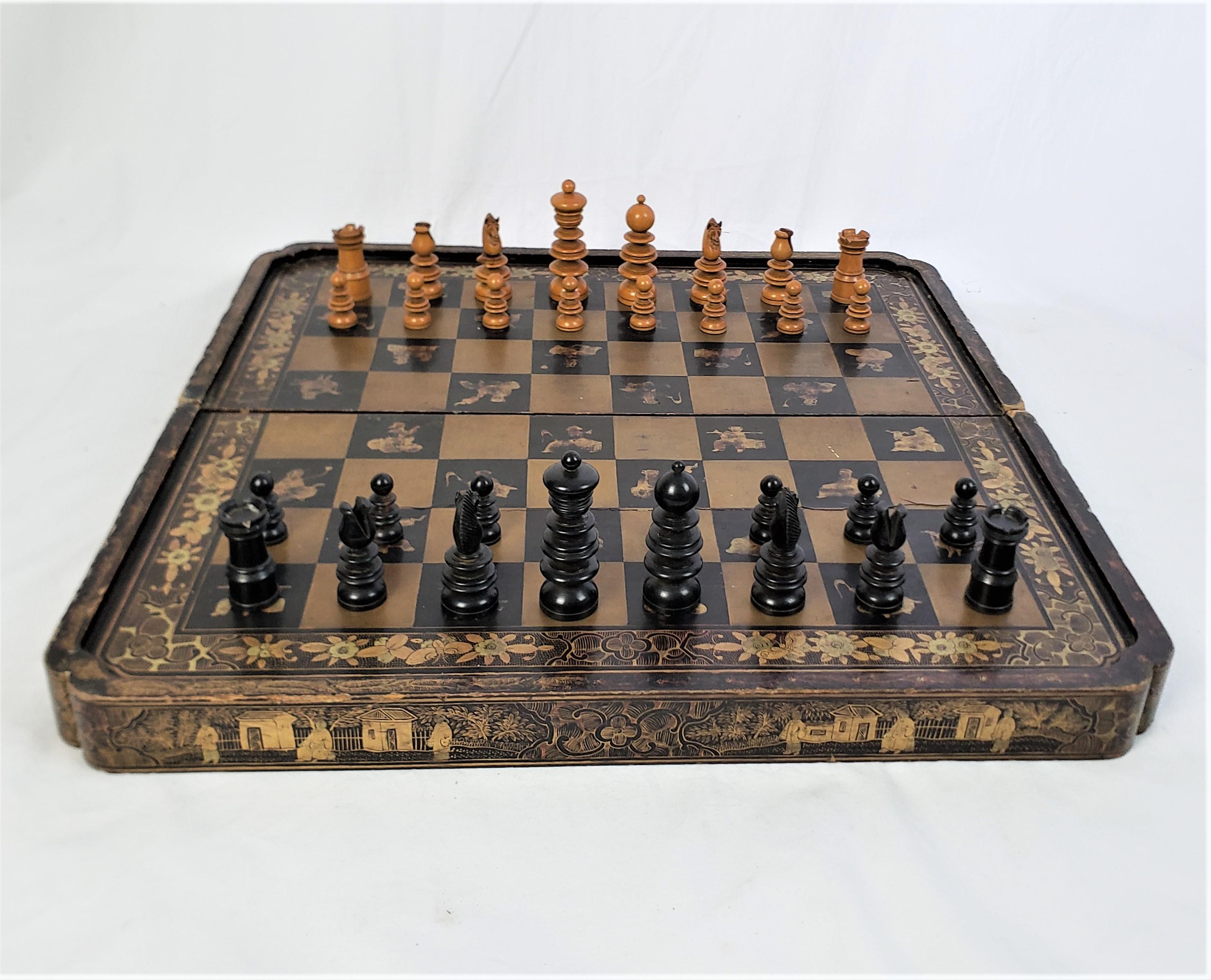 Chinese Antique Folding Chinoiserie Chess & Backgammon Board with Turned English Pieces