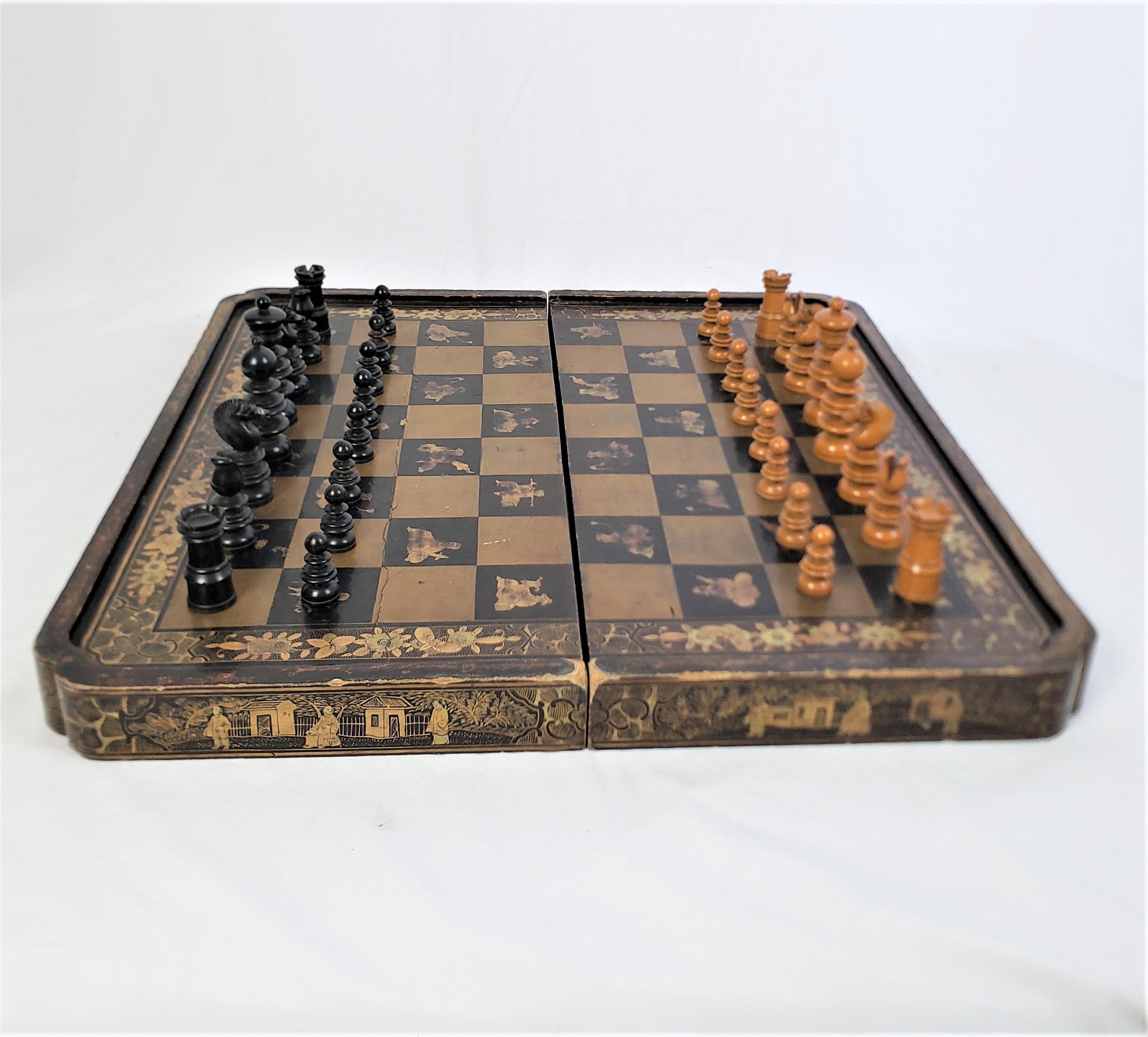 Hand-Painted Antique Folding Chinoiserie Chess & Backgammon Board with Turned English Pieces