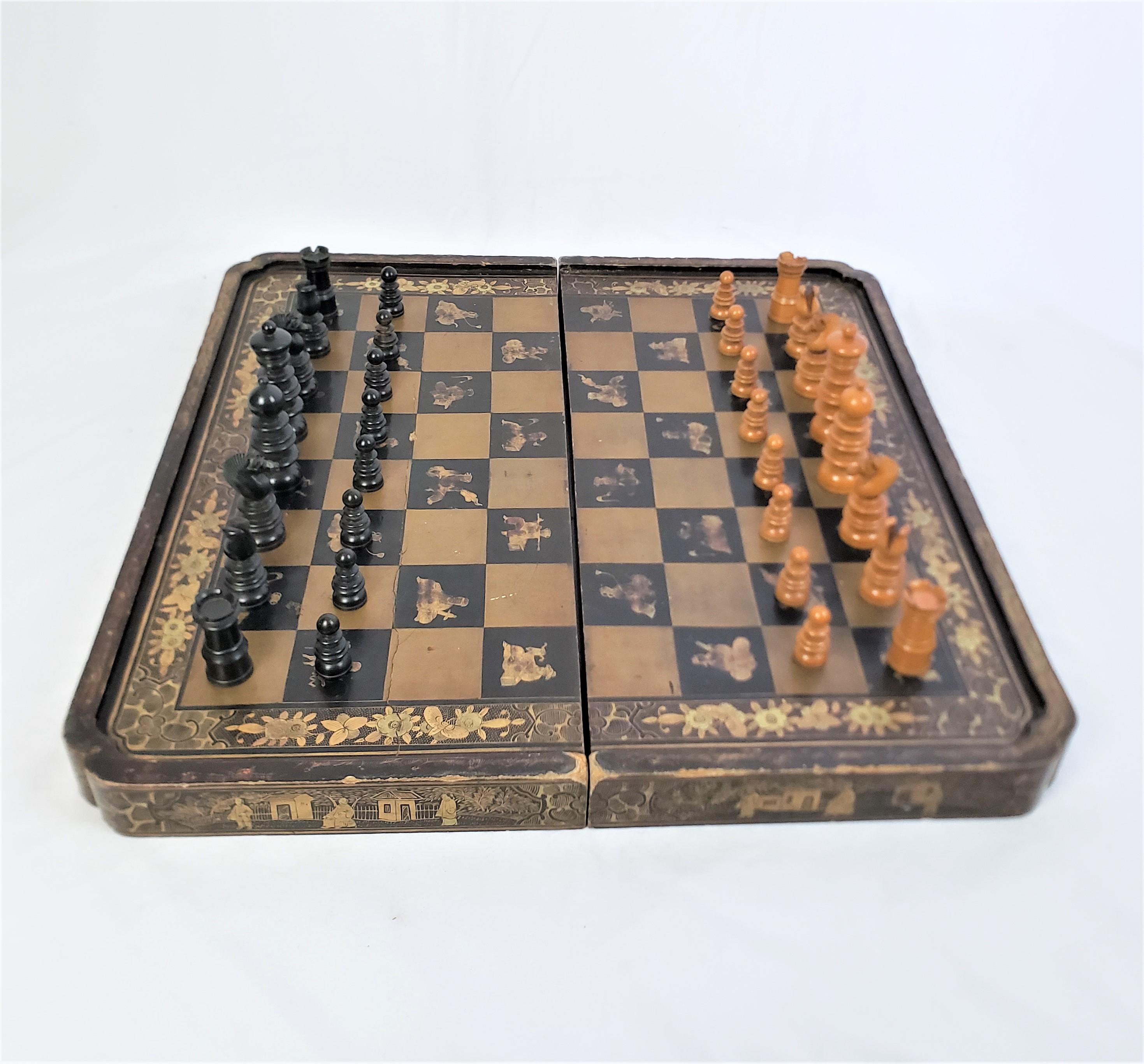 Antique Folding Chinoiserie Chess & Backgammon Board with Turned English Pieces In Good Condition In Hamilton, Ontario