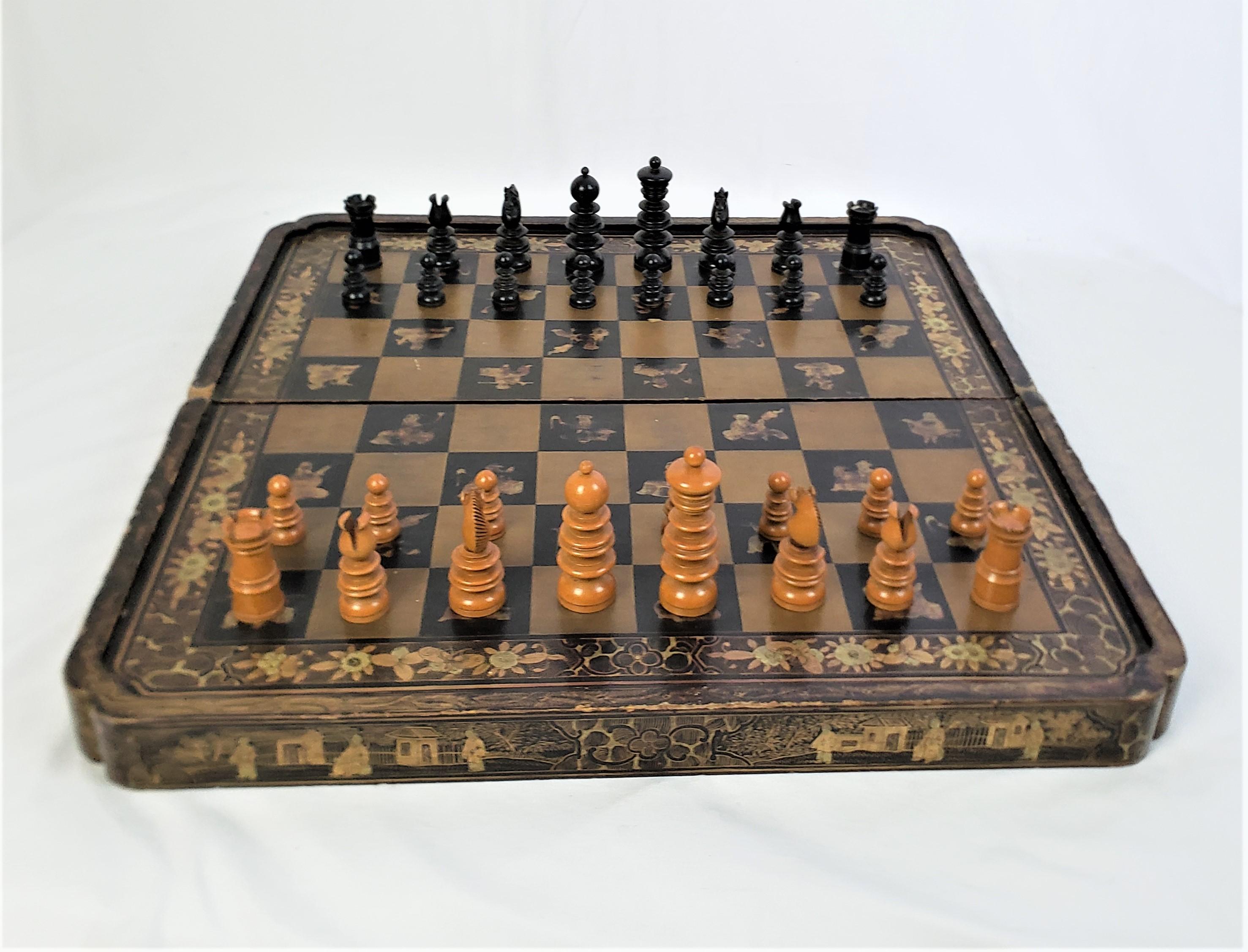 19th Century Antique Folding Chinoiserie Chess & Backgammon Board with Turned English Pieces