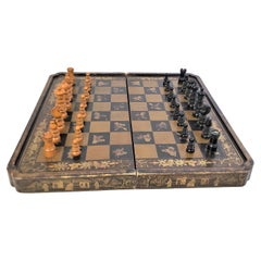 Antique Folding Chinoiserie Chess & Backgammon Board with Turned English Pieces
