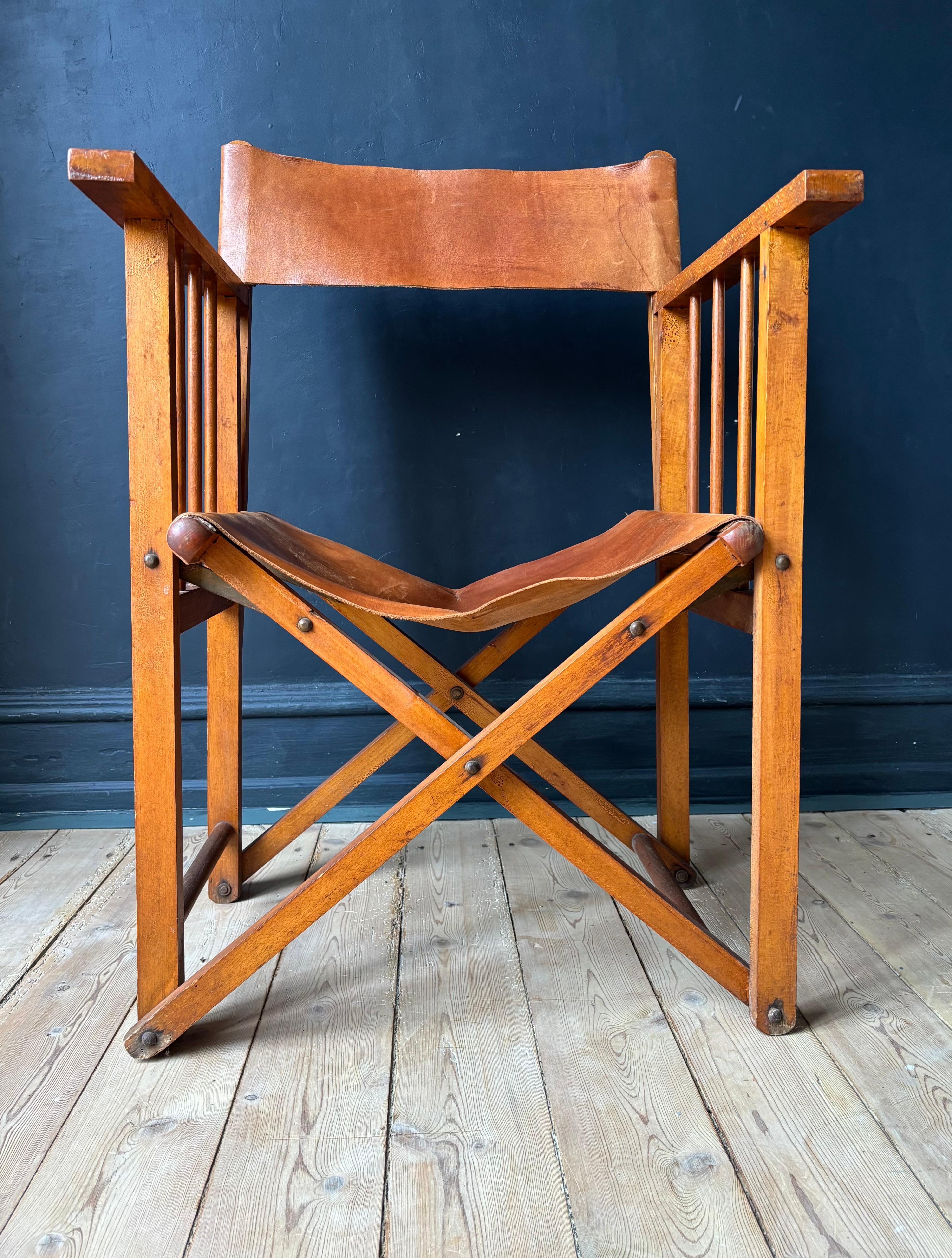 Unknown Antique Folding Leather, Wood Safari Colonial Style Director's Chair, 1930s For Sale