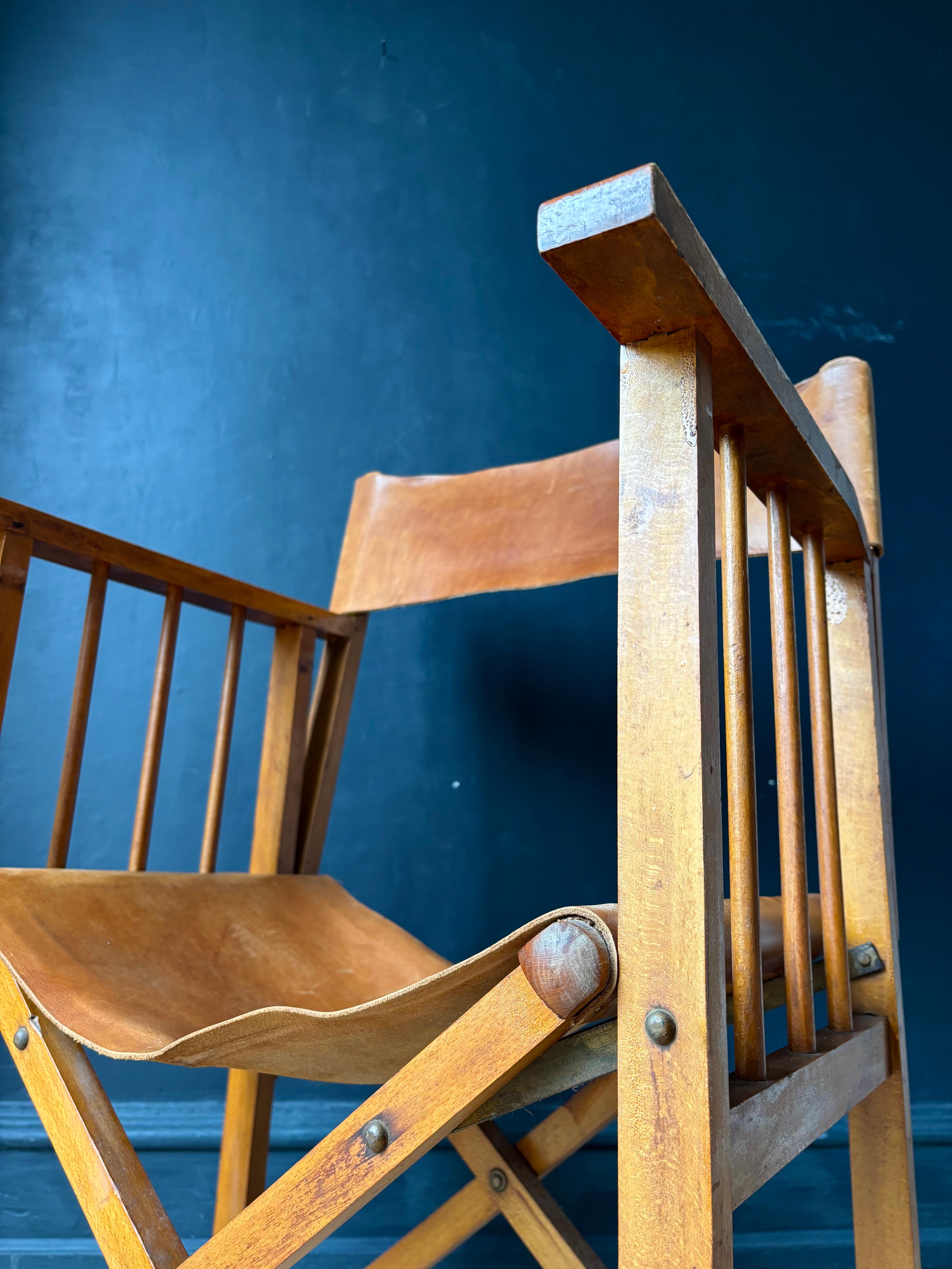 Hand-Crafted Antique Folding Leather, Wood Safari Colonial Style Director's Chair, 1930s For Sale