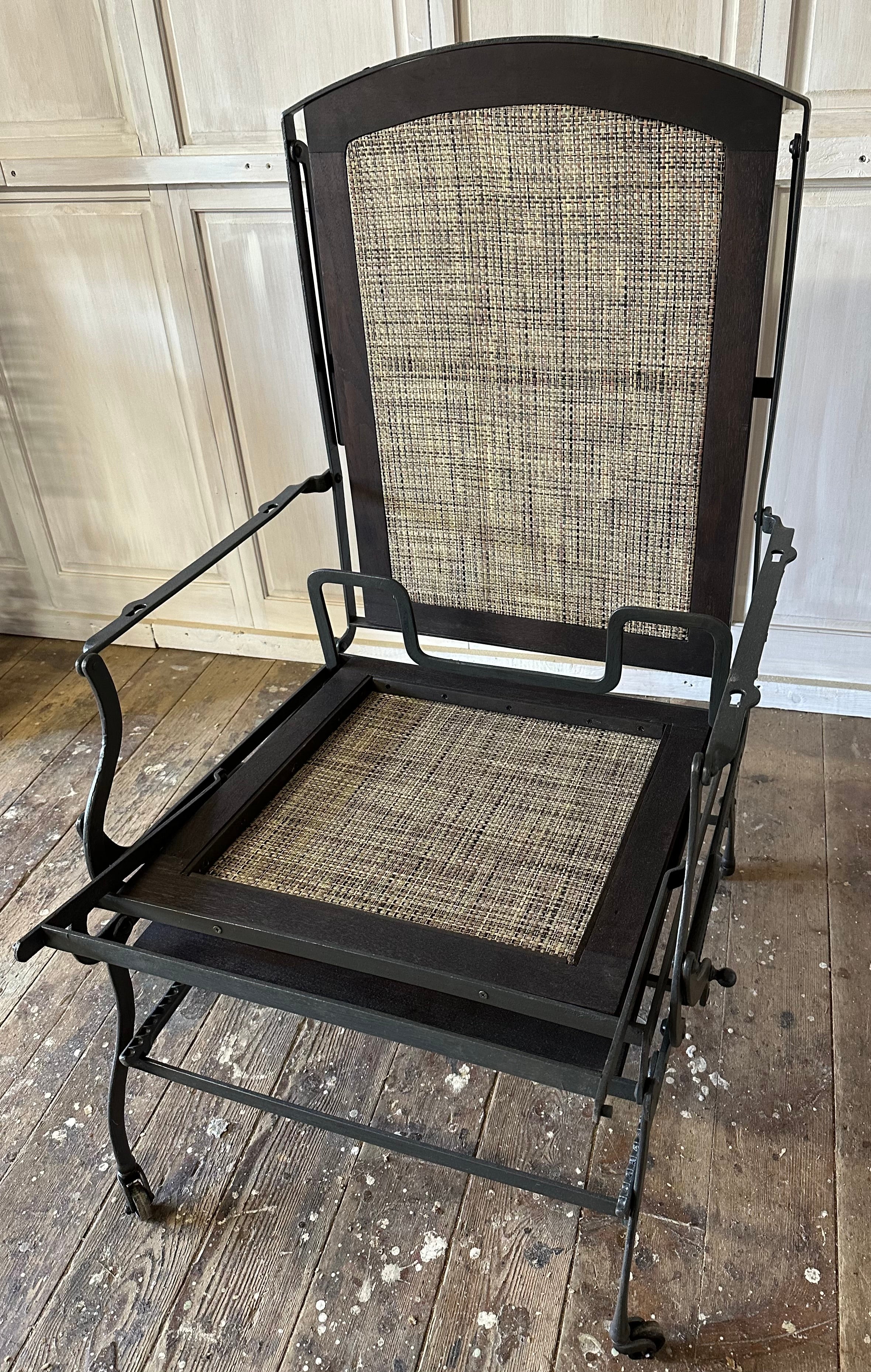 Hard to find, stylish and practical, the metal framed antique boat, ship or sailing yacht deck chair is great for relaxing and enjoying a leisurely cruise.  The chair is fitted with wheels for easy moving, foldable for easy storage. Newly restored
