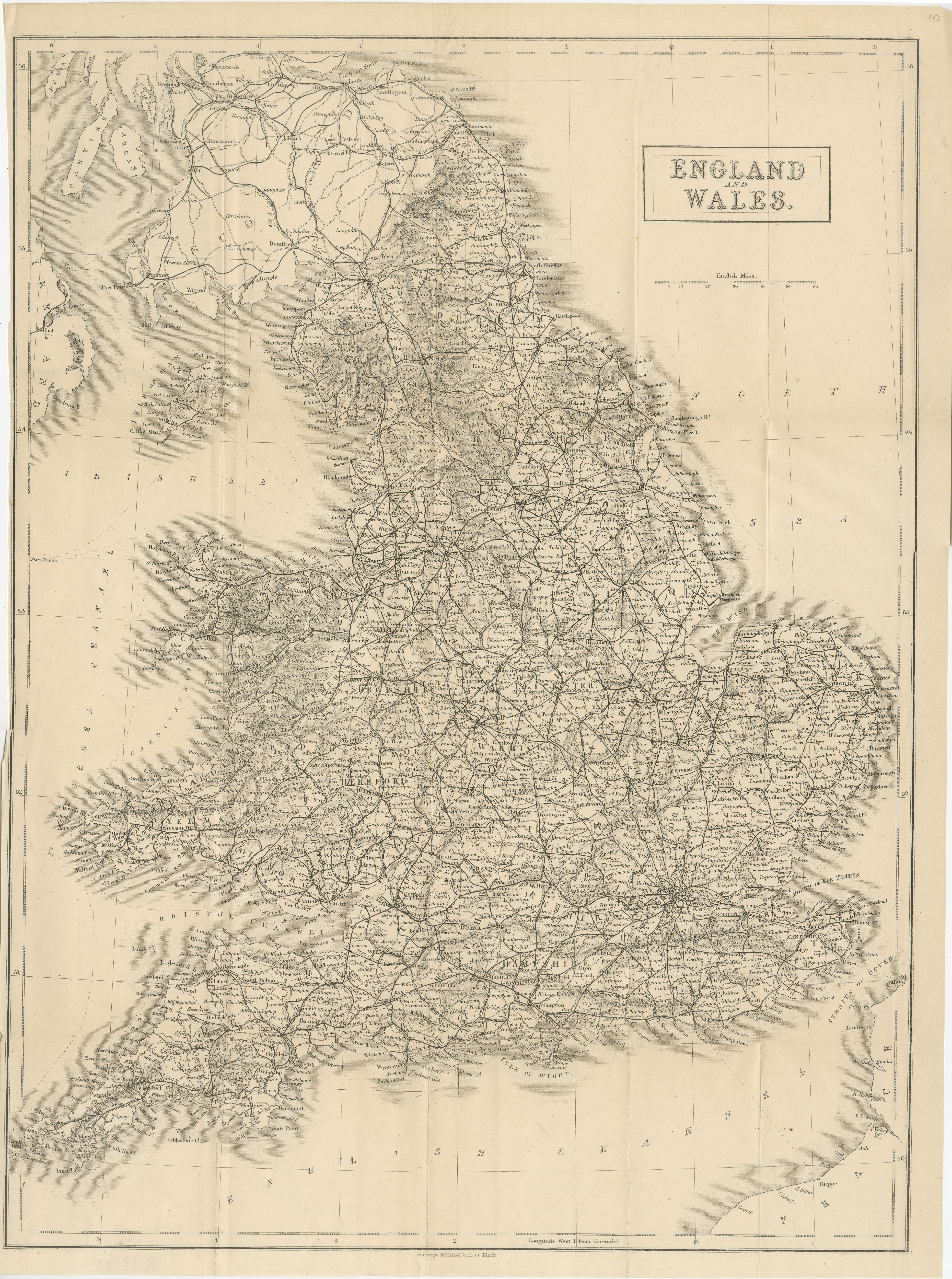 Antique map titled 'England and Wales'. Original folding map of England and Wales. Publishes by A. & C. Black, circa 1890.