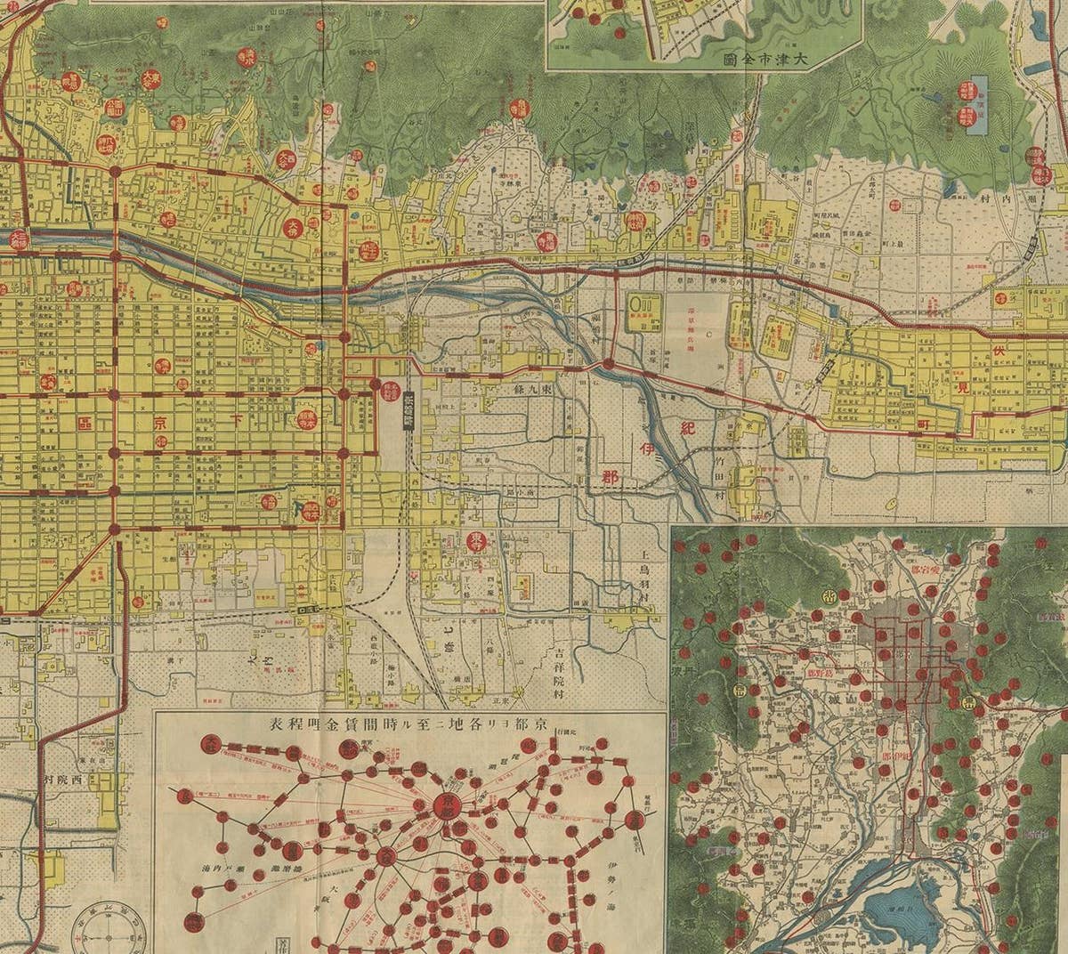 Antique Folding Map of Kyoto, Japan, 1920