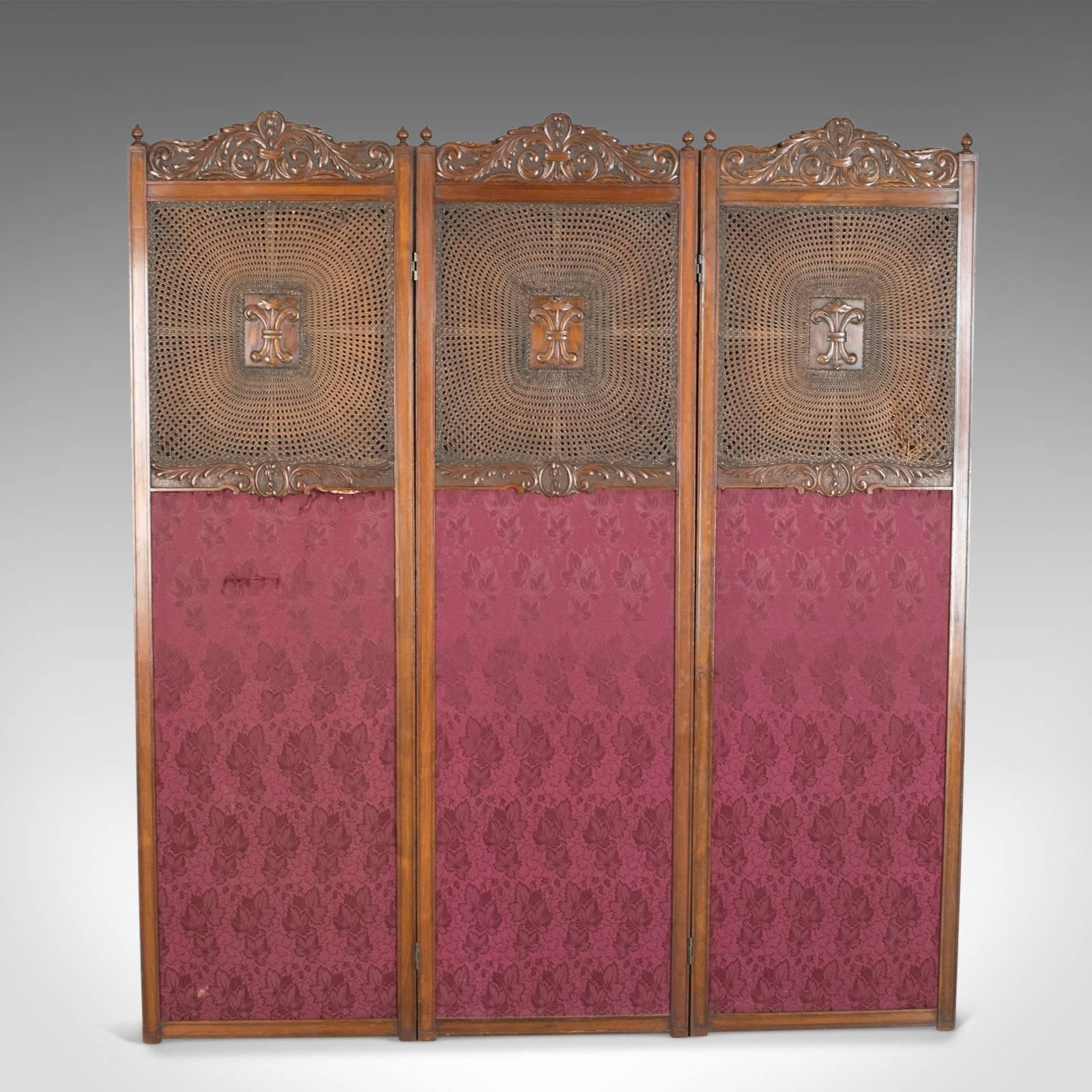 This is an antique folding screen, an Edwardian three panel screen. An English room divider perfect as a photographer's prop, dating to circa 1910.

Front side displaying a superb, original, cane work panel around carved bushel plaque
Framed in