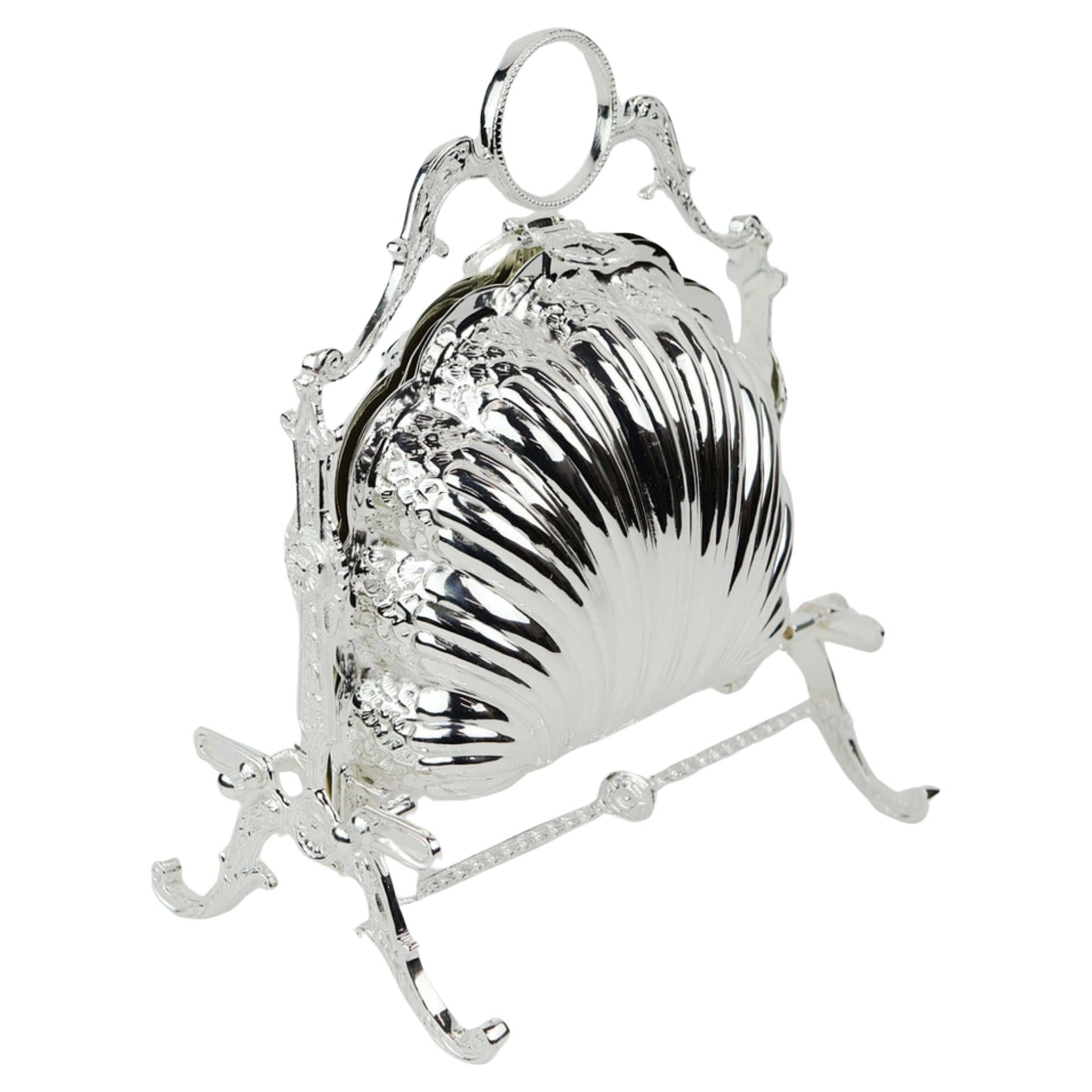 Antique Folding Silver Plated Shell Biscuit Box Victorian Table Centrepiece For Sale