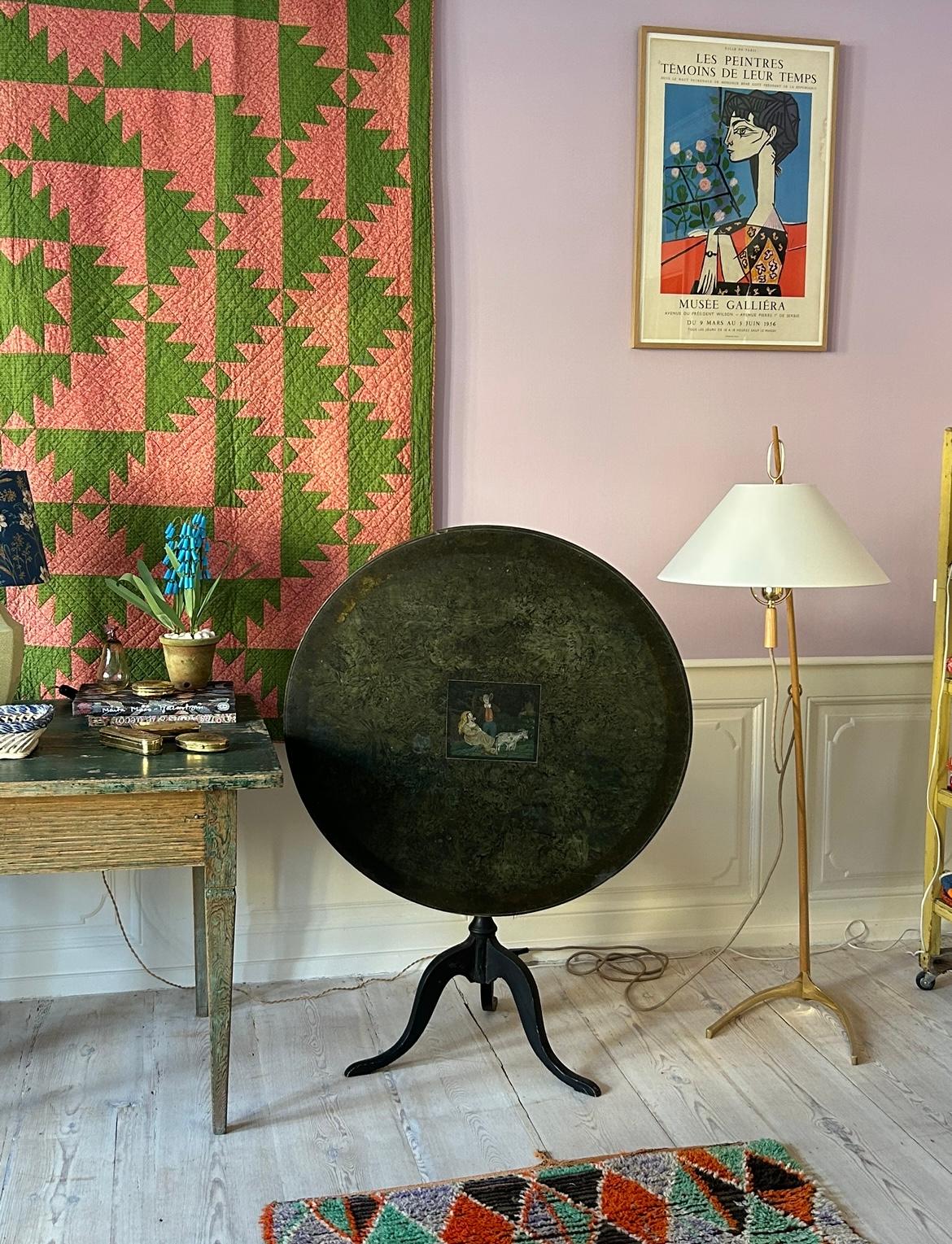 Swedish Antique Folding Table in Green Paint with Decorations, Sweden, 19th Century For Sale