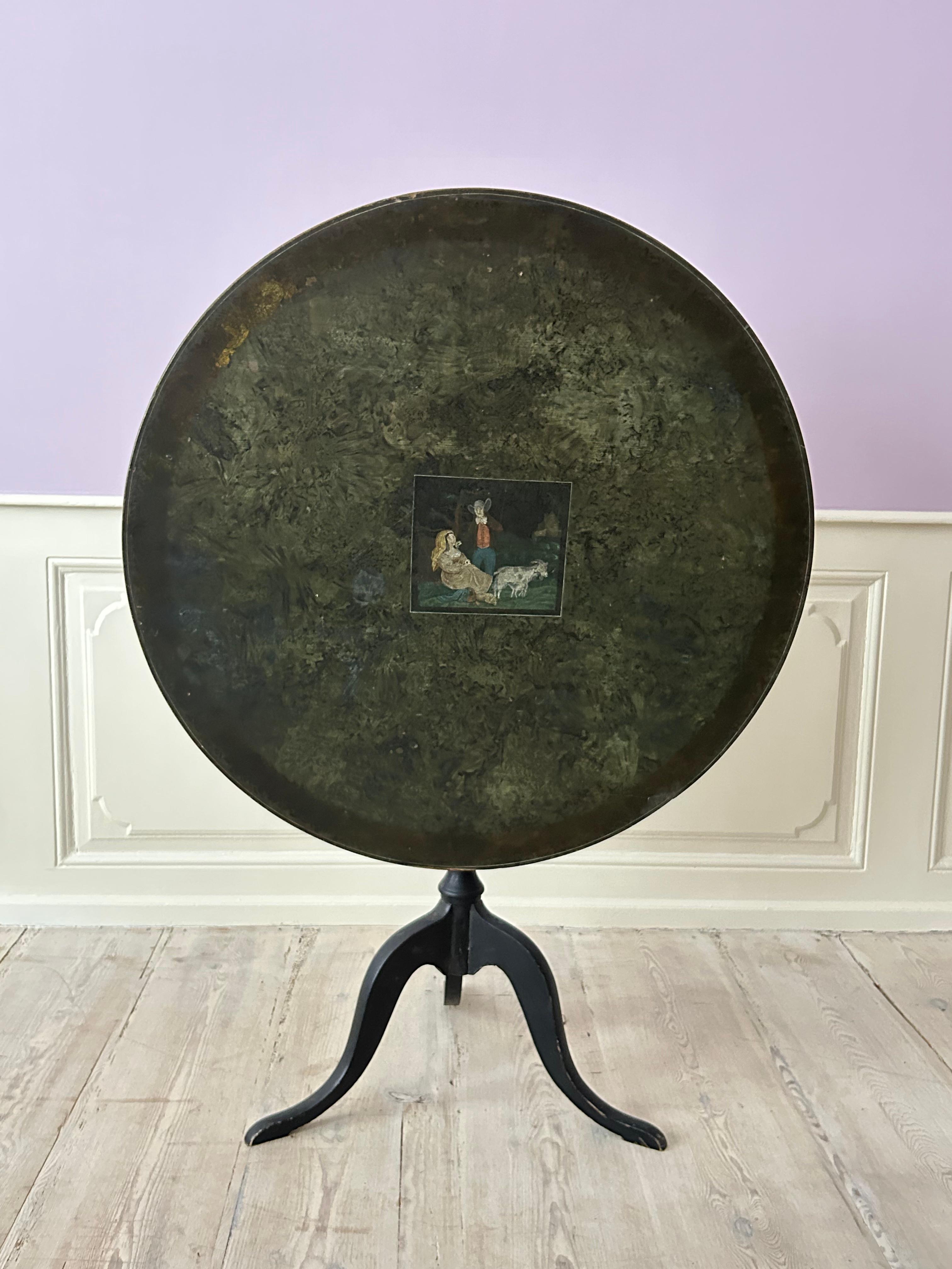 Hand-Crafted Antique Folding Table in Green Paint with Decorations, Sweden, 19th Century For Sale