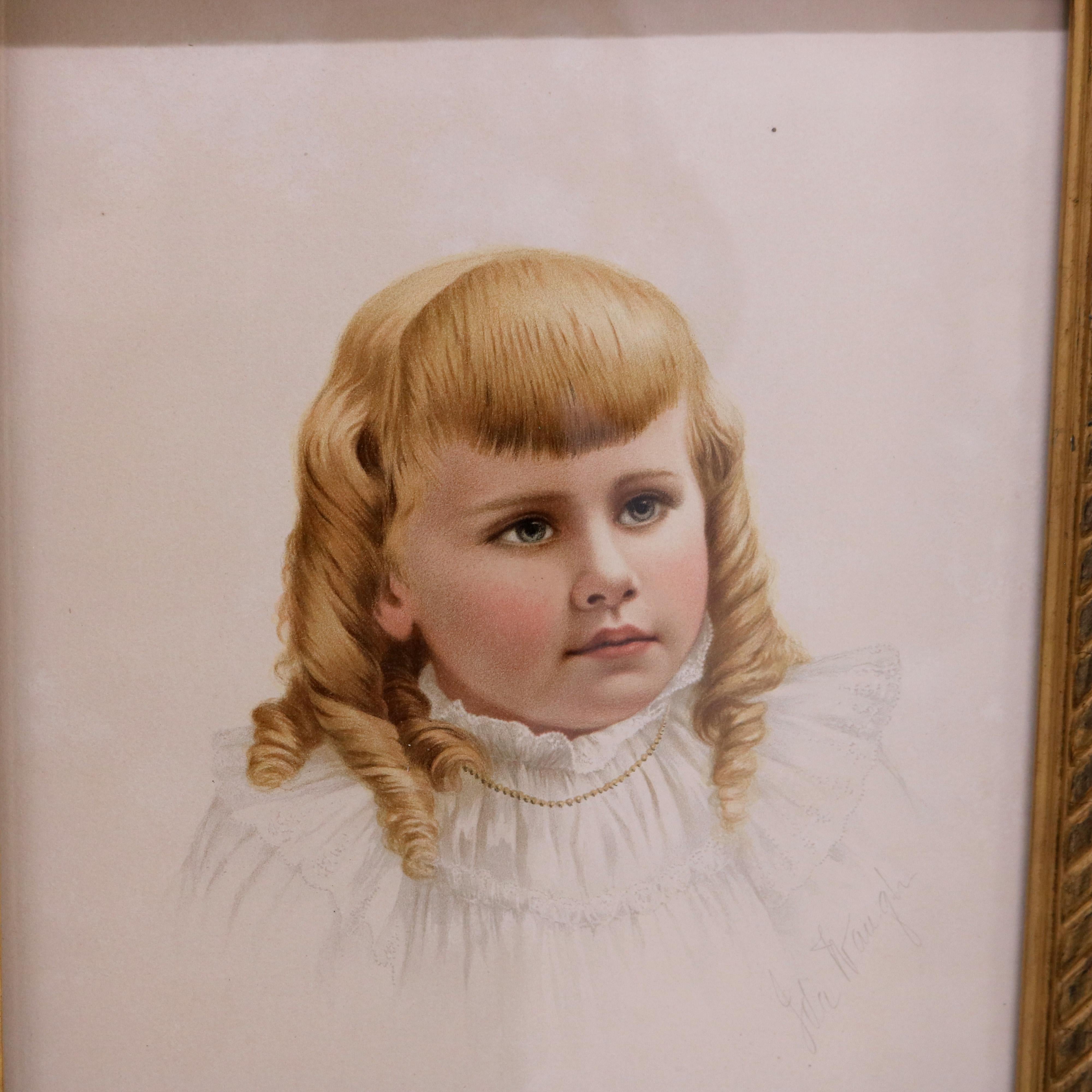 Cadre ancien en bois doré en forme de feuillage avec portrait d'une jeune fille, signé par Ida Haugh 19e siècle

Mesures - 18,25 