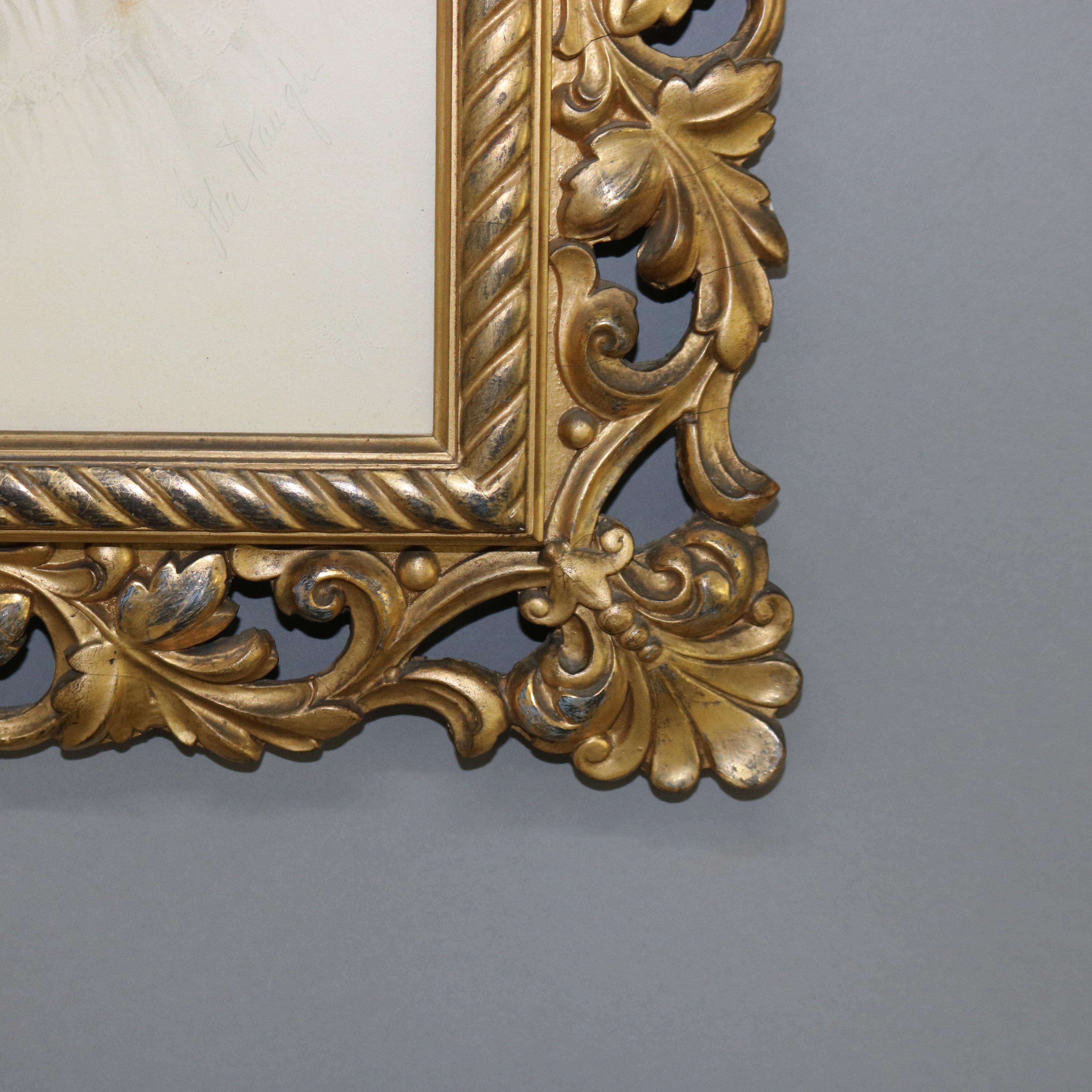 Cadre ancien en bois doré en forme de feuillage avec un portrait signé d'une fille du 19ème siècle Bon état - En vente à Big Flats, NY