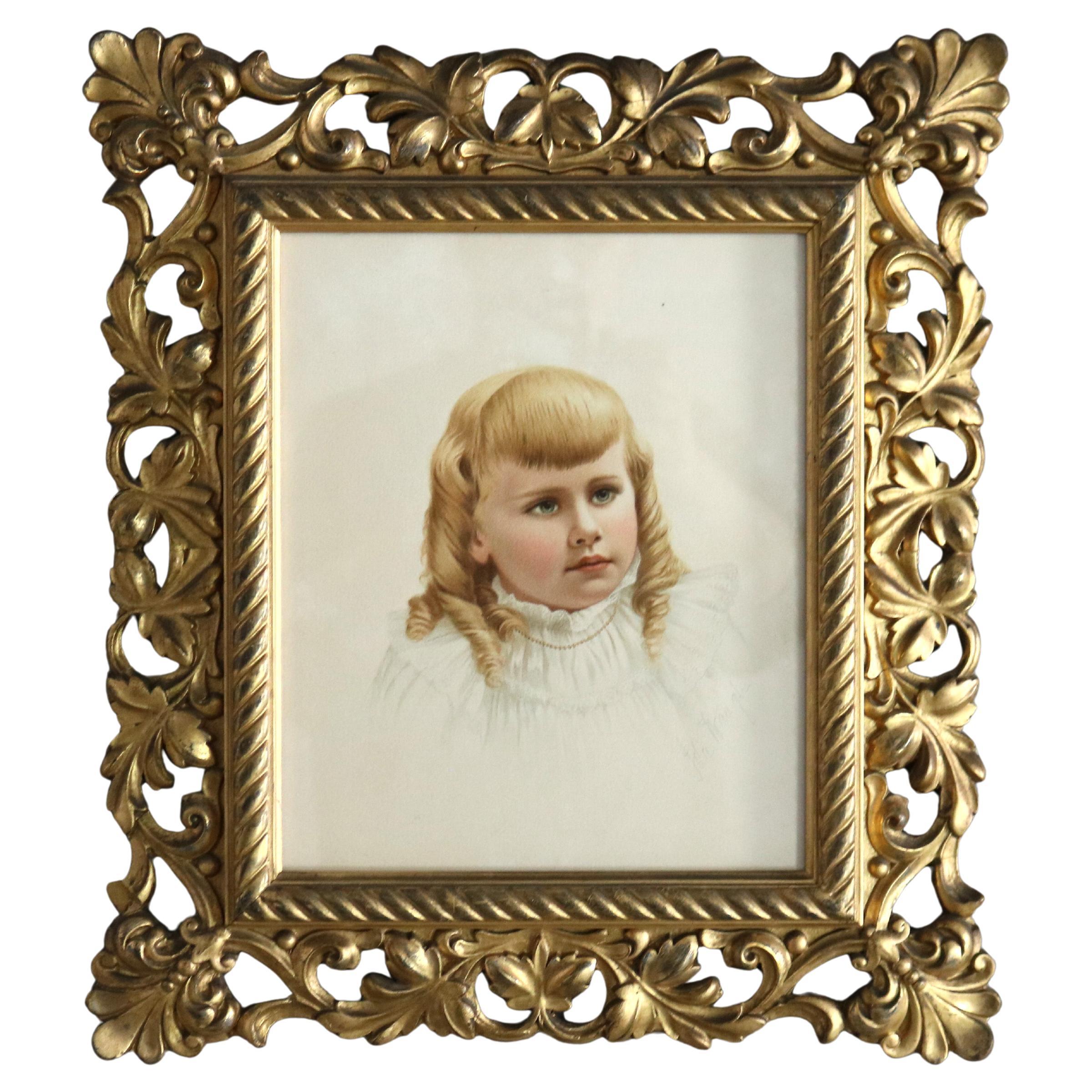 Antique Foliage Form Giltwood Frame with a Signed Portrait Print of a Girl 19thC