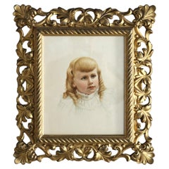 Antique Foliage Form Giltwood Frame with a Signed Portrait Print of a Girl 19thC